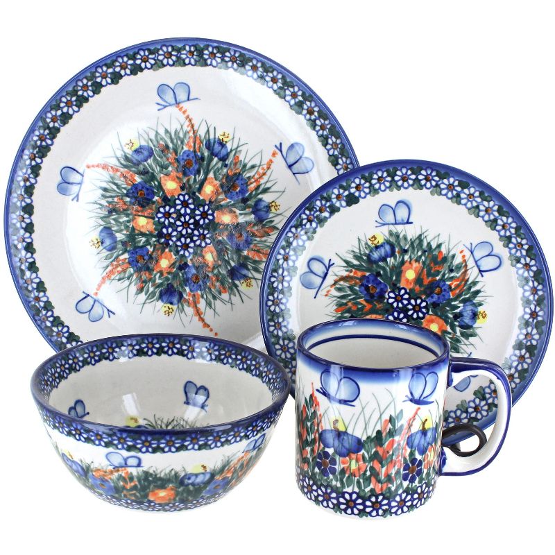 Blue Rose Polish Pottery Spring  Butterfly 16 Piece Dinnerware Set
