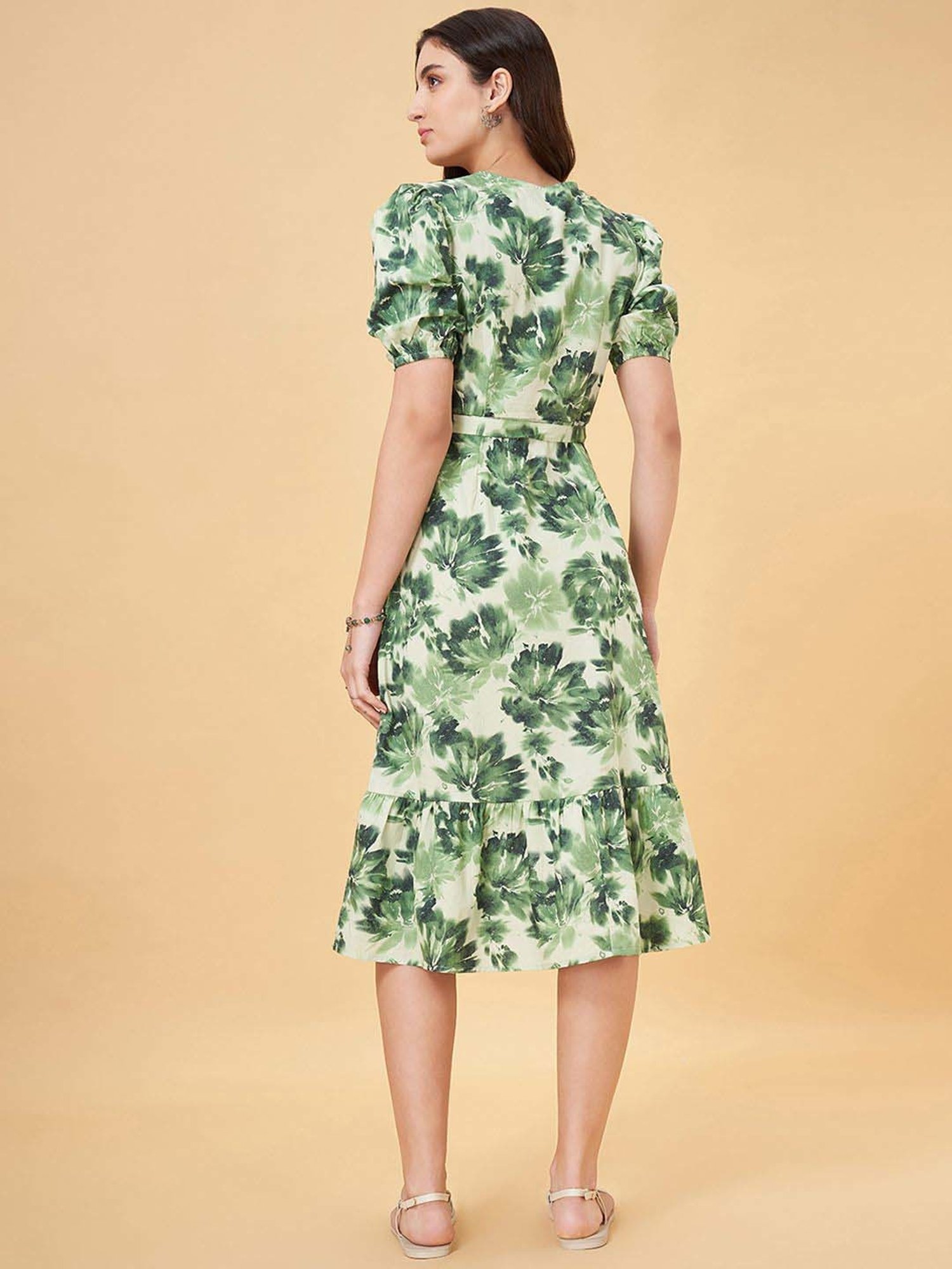 Honey by Pantaloons Green Cotton Printed A-Line Dress