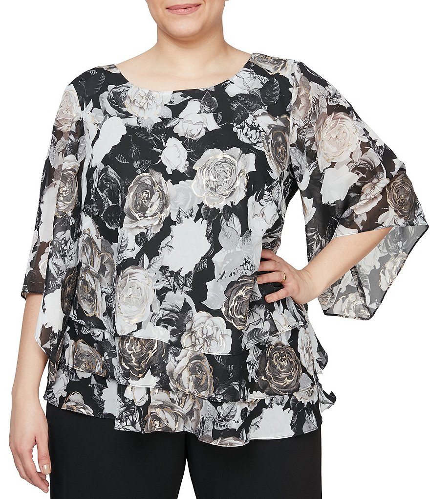 Alex Evenings Plus Size Floral Print 3/4 Sleeve Asymmetrical Triple Tier Blouse
