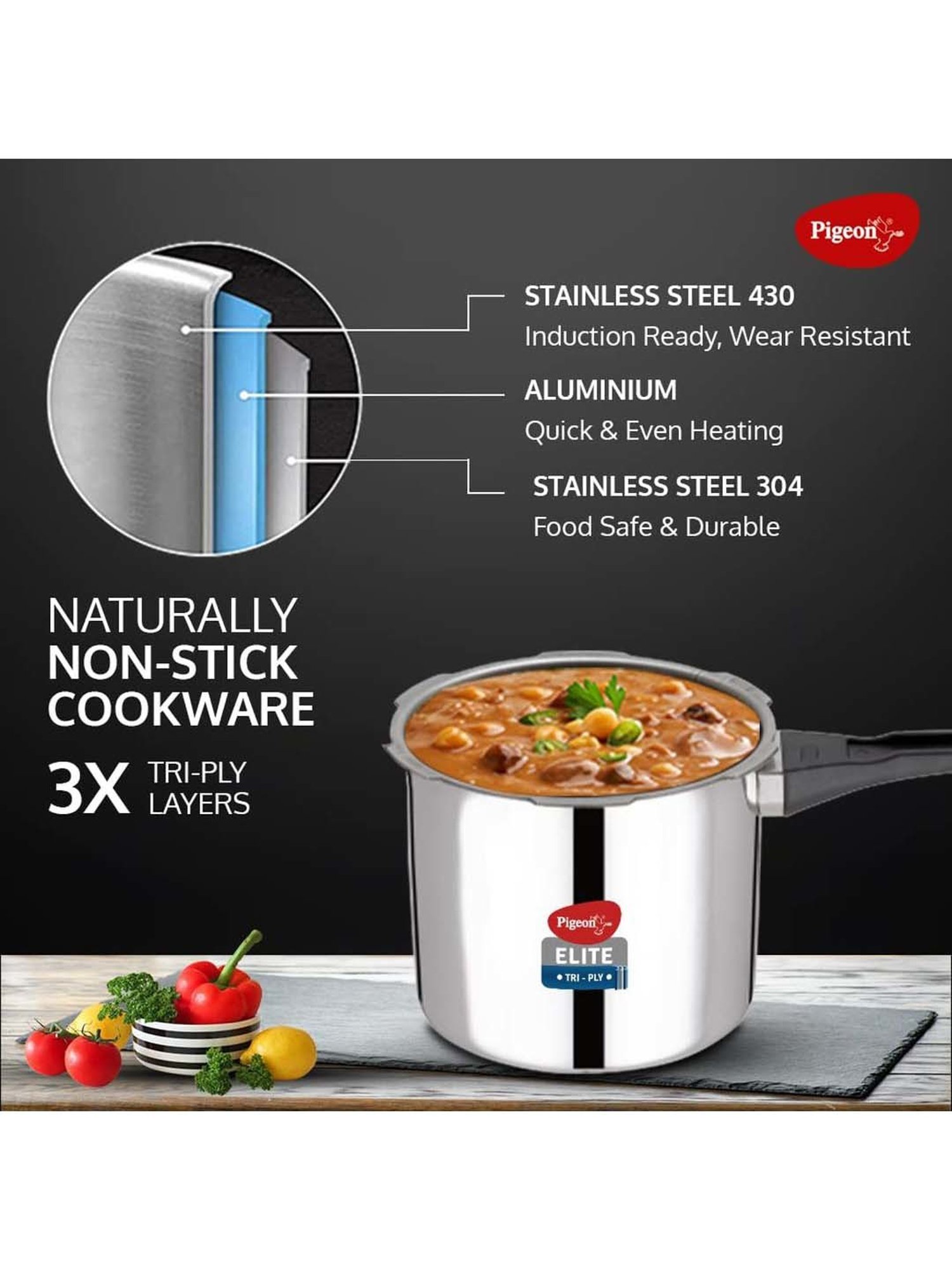 Pigeon Silver Stainless Steel Induction Elite Shine Triply Pressure Cooker (2 L)