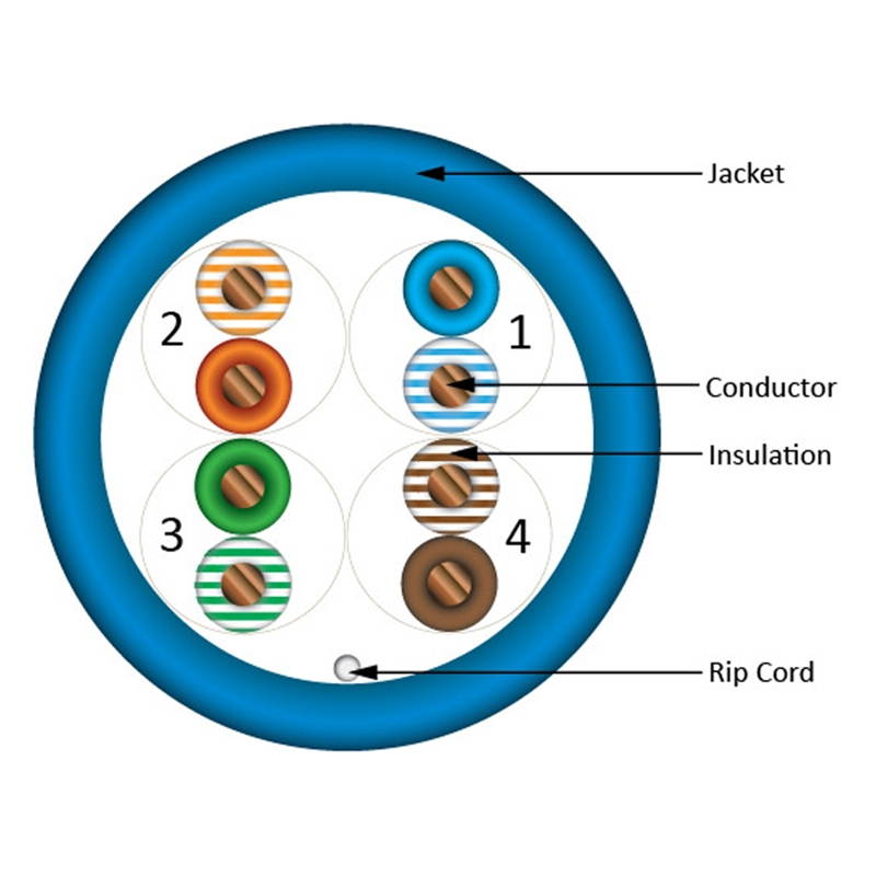 CAT-5E UTP 1000 8-Conductor Bulk Blue-PVC Jacket AWG24 Solid-Bare Copper CMR Cable