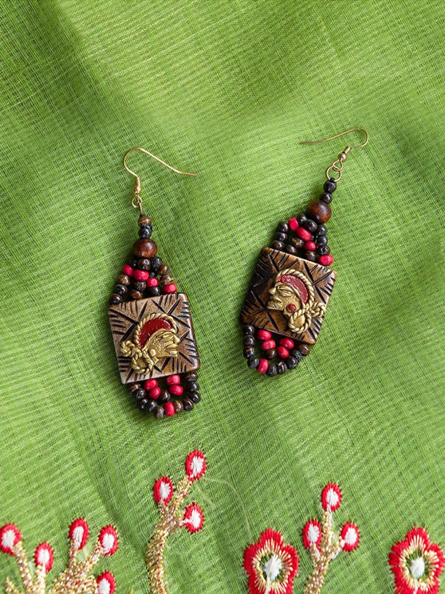 ExclusiveLane Tribal Beaded Women Brown & Pink Brass Resin Earrings Handcrafted in Dhokra Art