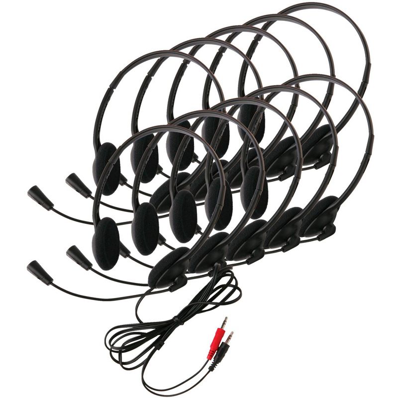 Califone 3065AV-10L Lightweight On-Ear Stereo Headsets with Gooseneck Microphone, Dual 3.5mm Plugs, Black, pk of 10