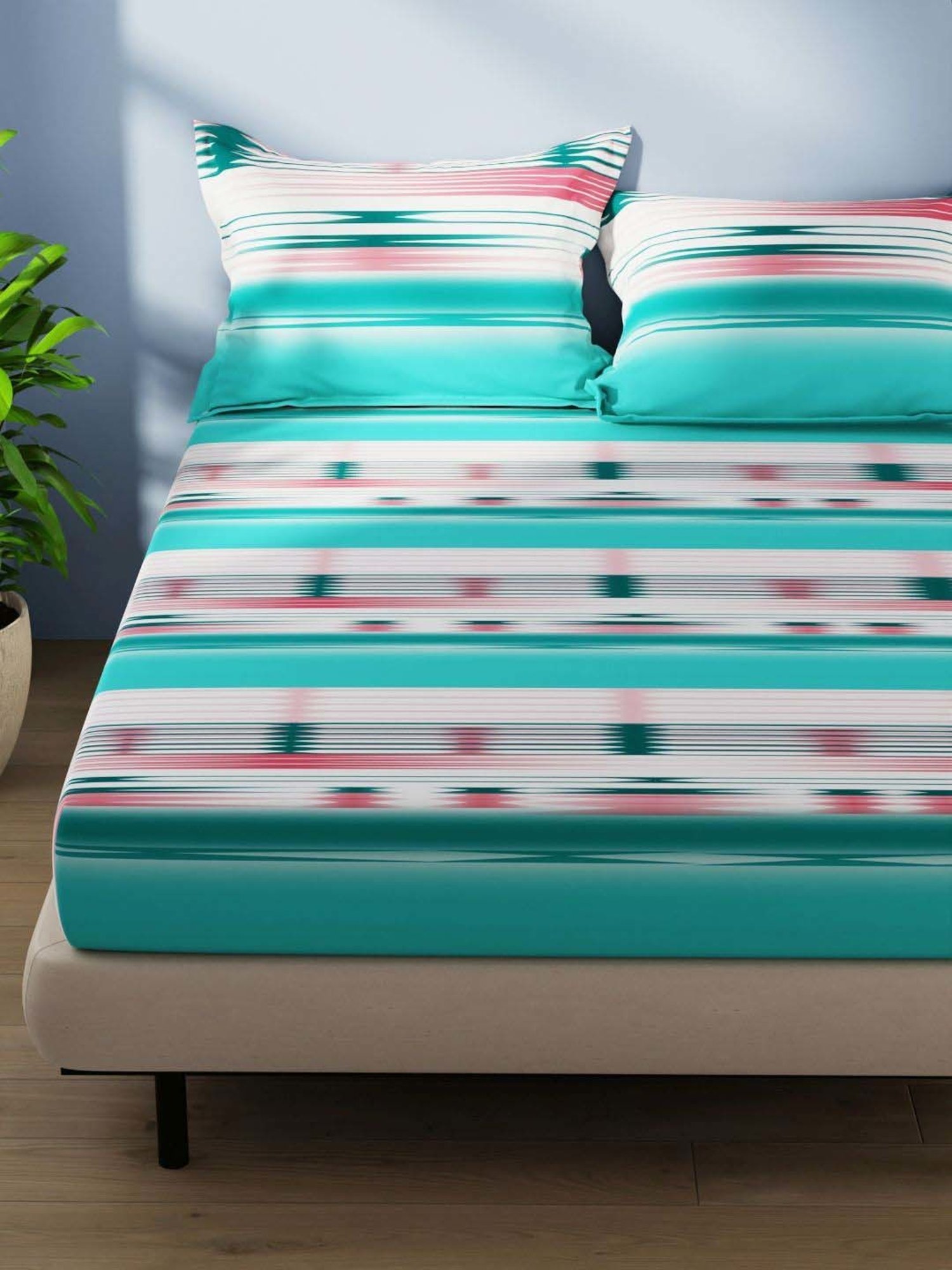 BIANCA Serina Sea Green Cotton 144 TC Double Size Bed Sheet With Pillow covers