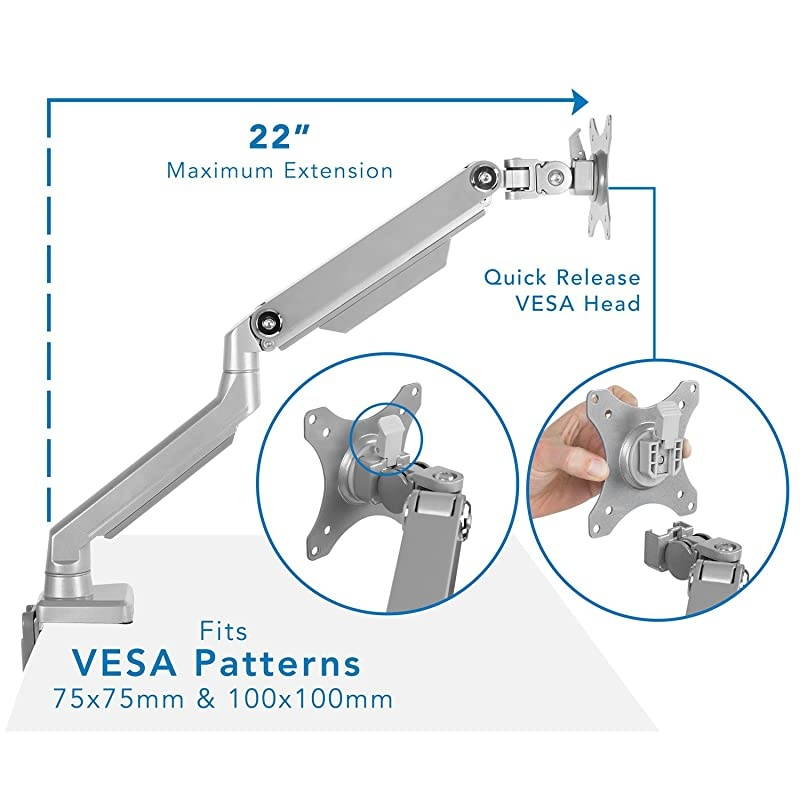Single Monitor Arm Mount | Desk Stand | Full Motion Height Adjustable Articulating Mechanical Spring Arm | Fits 24 27 29 30 32 Inch VESA Compatible Computer Screen | CClamp and Grommet Base