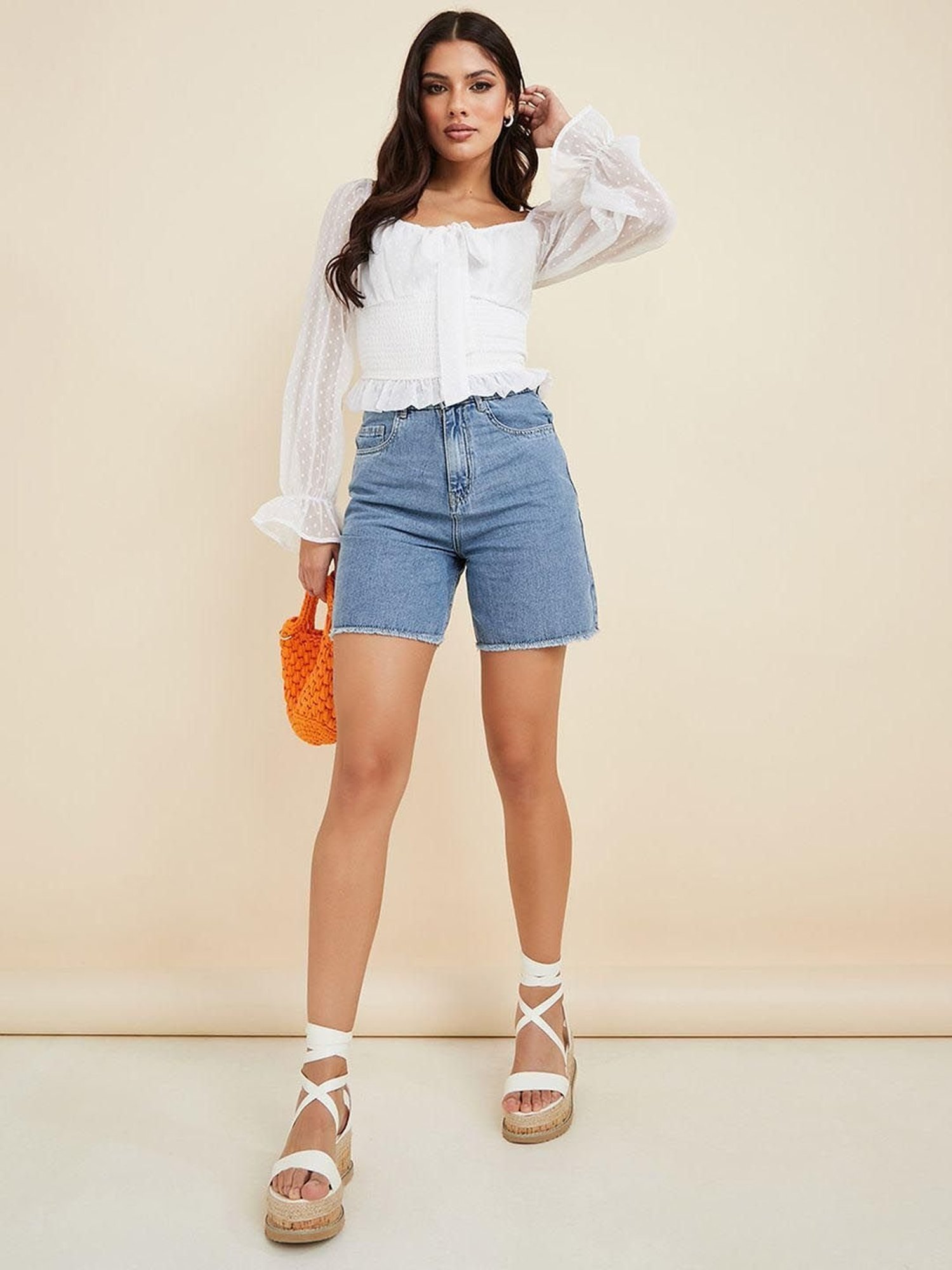 Styli Sweetheart Neck Swiss Dot Fitted Blouse