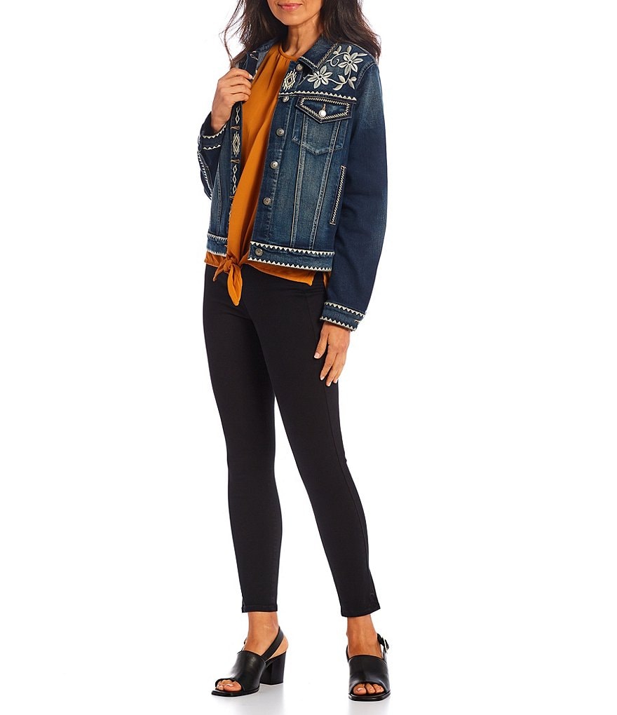 John Mark Long Cuff Sleeve Point Collar Neck Floral Embroidered Denim Jacket