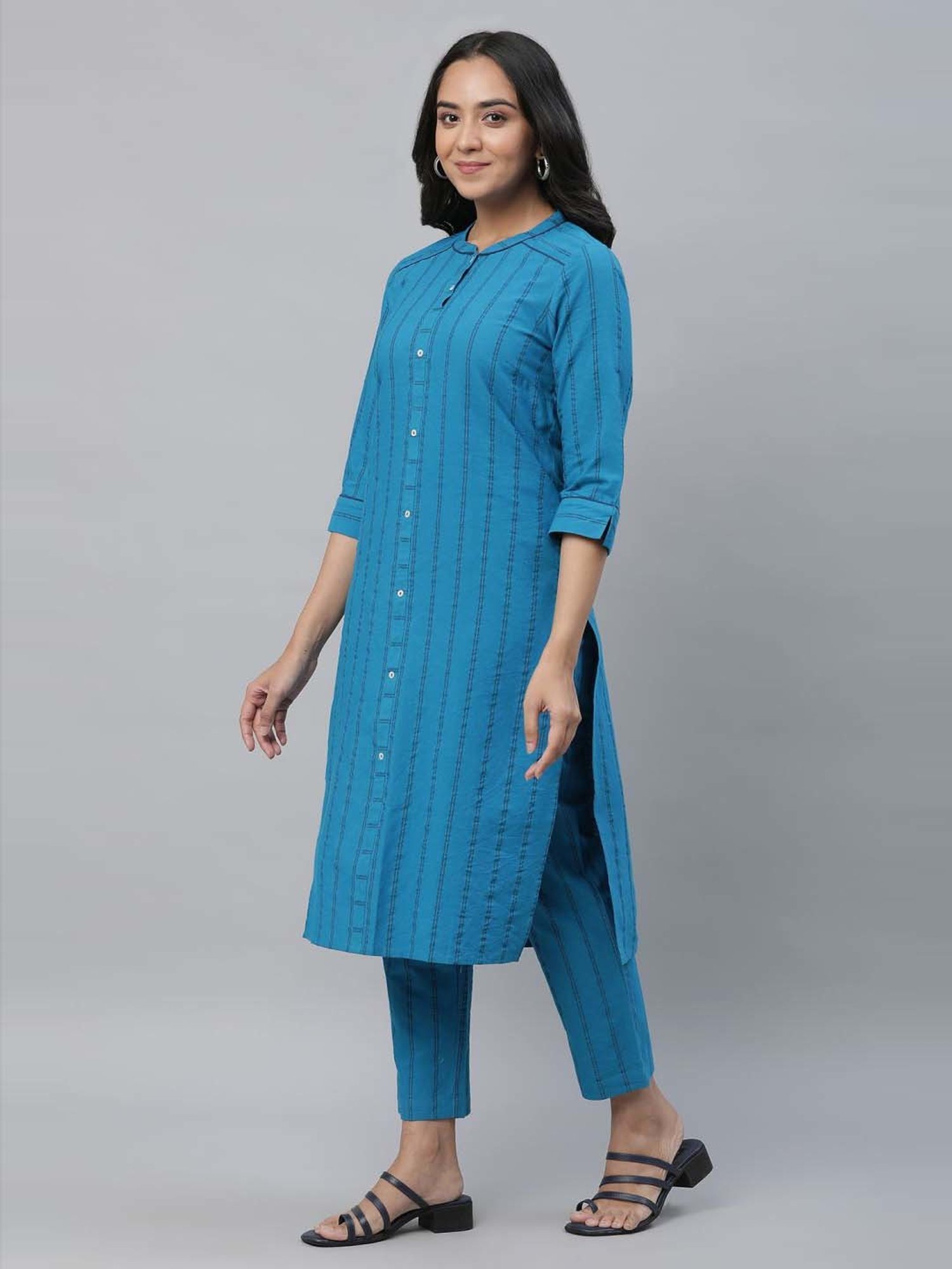 Aurelia Blue Cotton Striped Kurta Pant Set