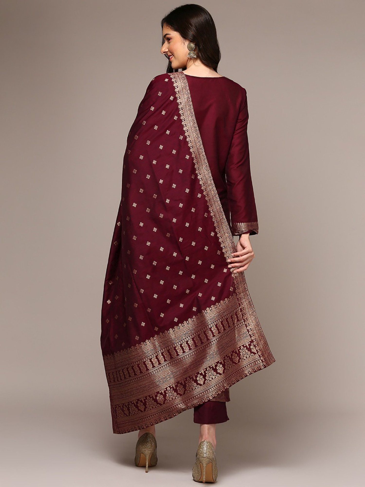Vaamsi Maroon Woven Pattern Kurta Pant Set With Dupatta