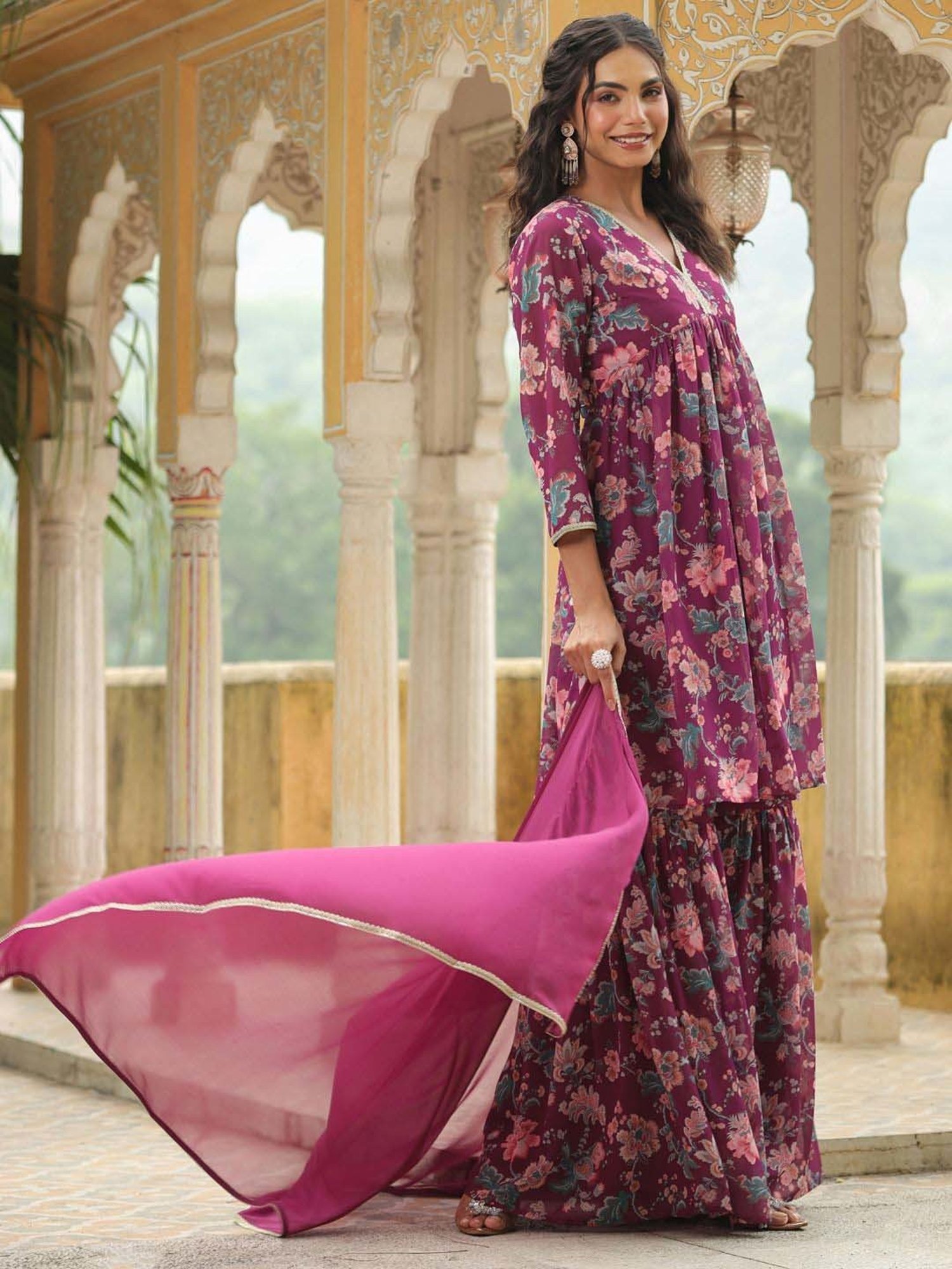 Janasya Purple Printed Kurti Sharara Set With Dupatta