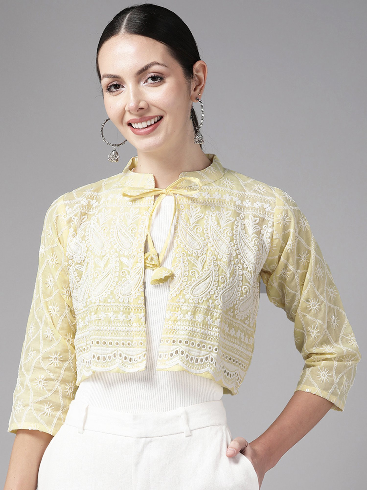 Aarika Lemon Yellow Cotton Embroidered Shrug