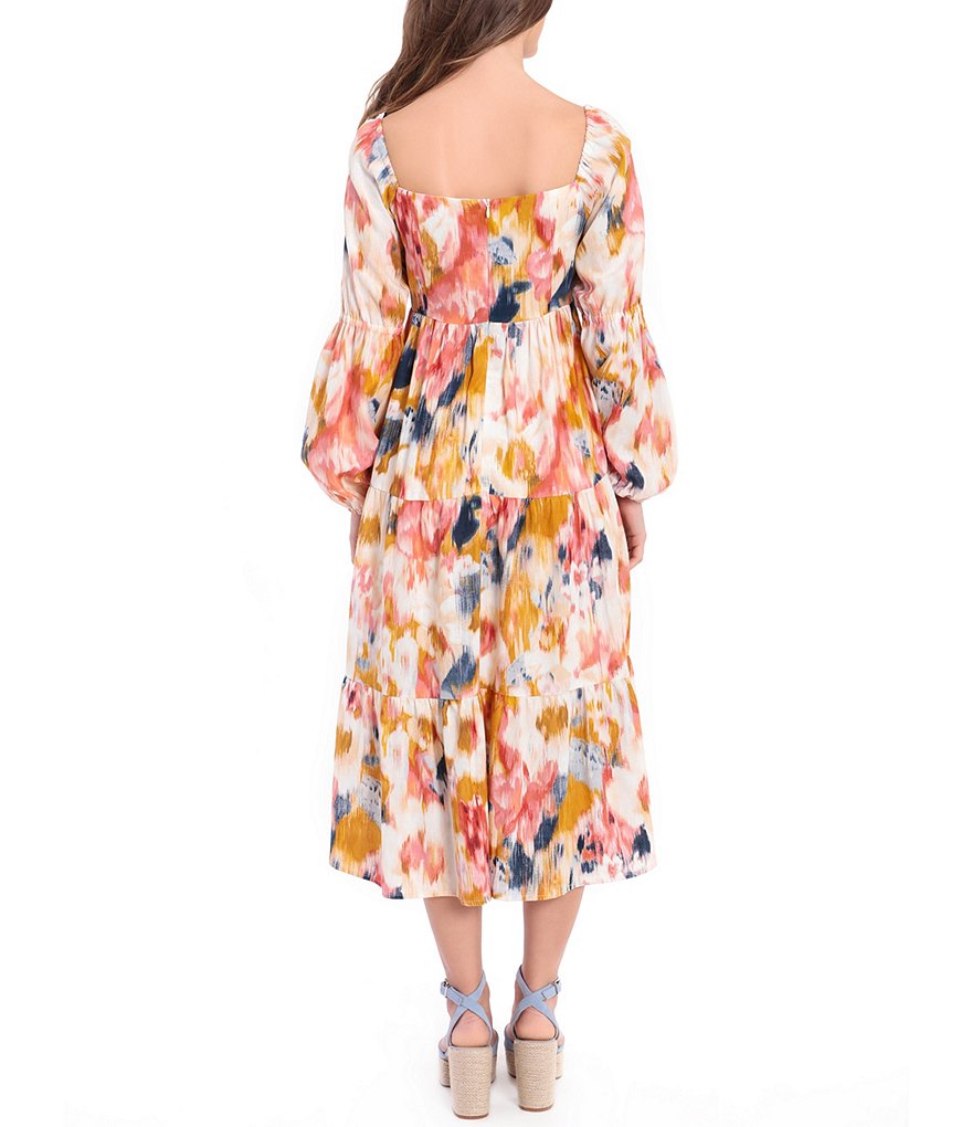 Donna Morgan Ikat Print Square Neck Tiered Midi Shift Dress