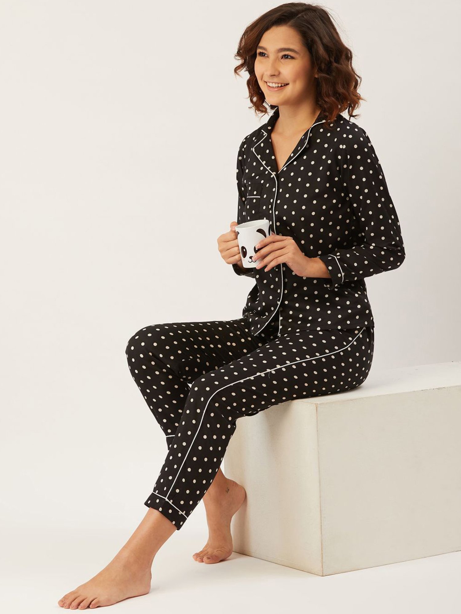 Anvi Be Yourself Black Polka Dots Shirt Pyjama Set