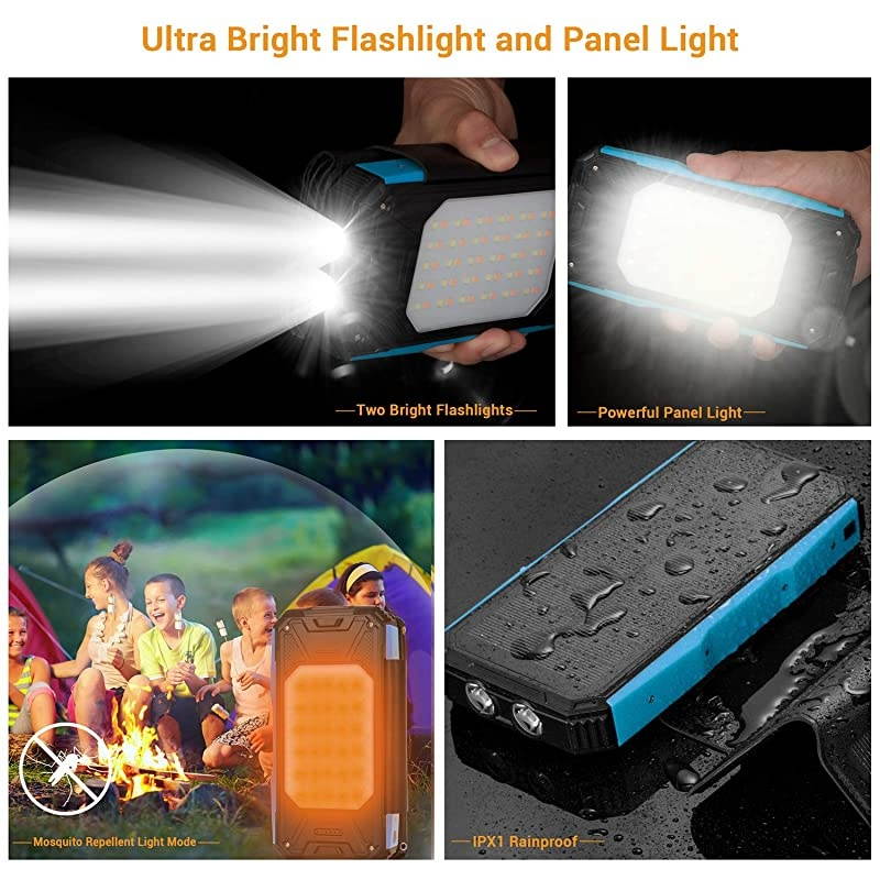 Charger 26800mAh, Portable 5 Panel 7.5W High Efficiency Power Bank with Ultra Bright 60-LED Panel Light and Flashlights, PD 18W Fast Charger External Battery Pack (Blue)