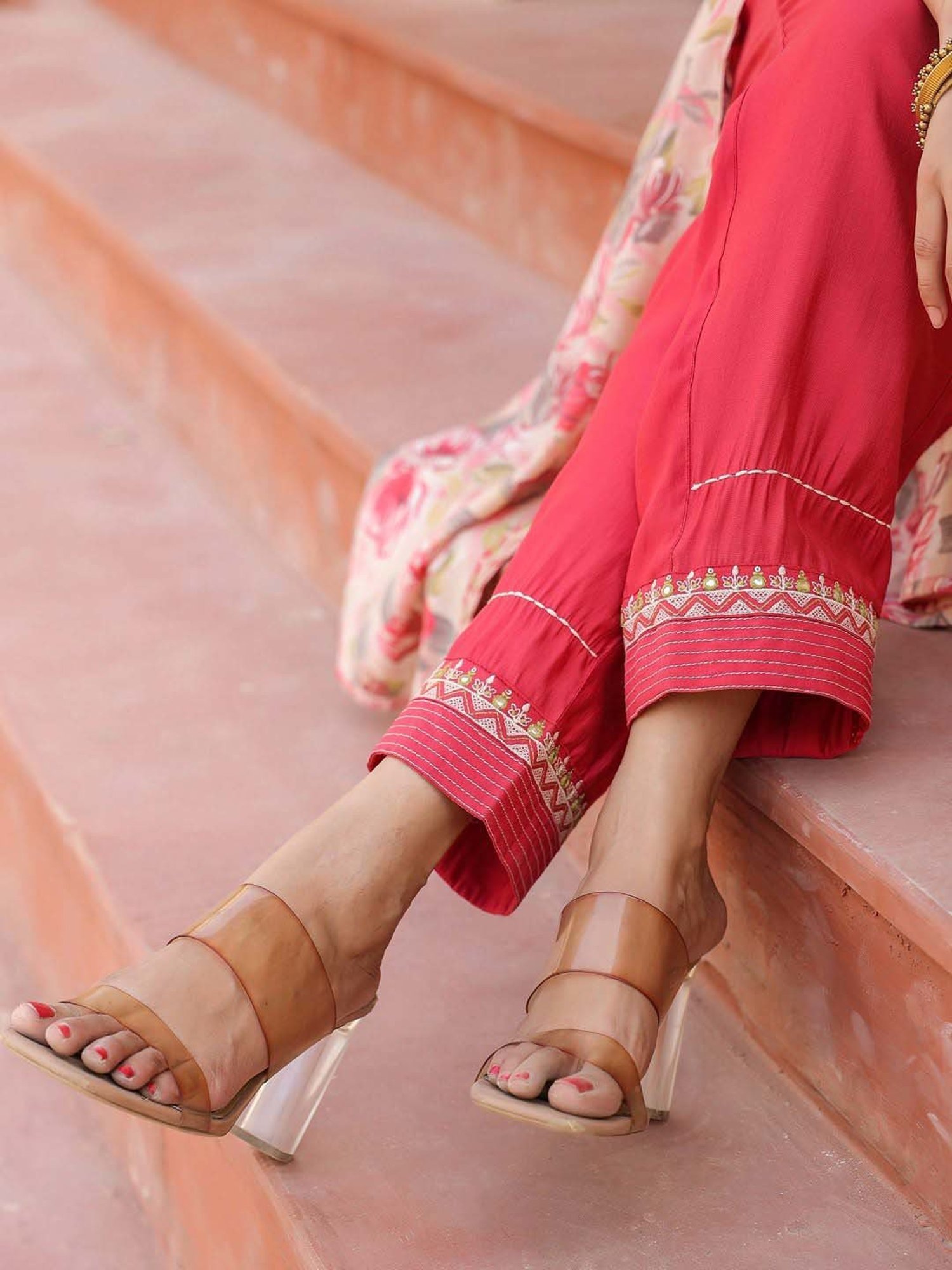 Yufta Pink Floral Print Crop Top Pant Set with Jacket