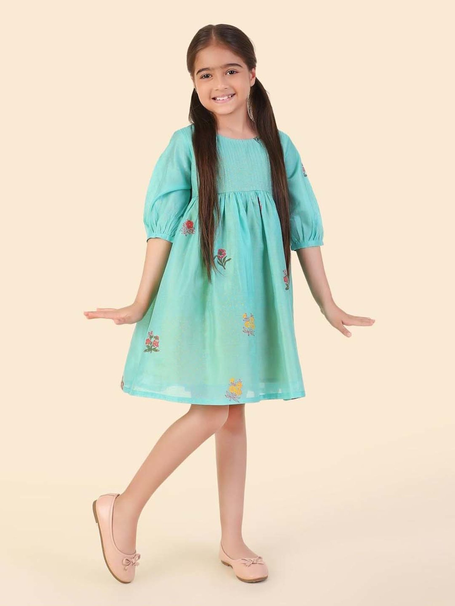 Fabindia Kids Teal Printed Dress