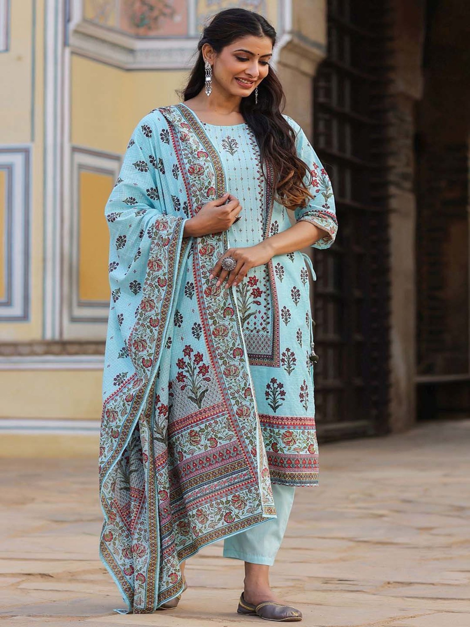 Juniper Sky Blue Ethnic Motif Print Cotton Kurta,Pants & Kota Doria Dupatta Set With beads & Sequins