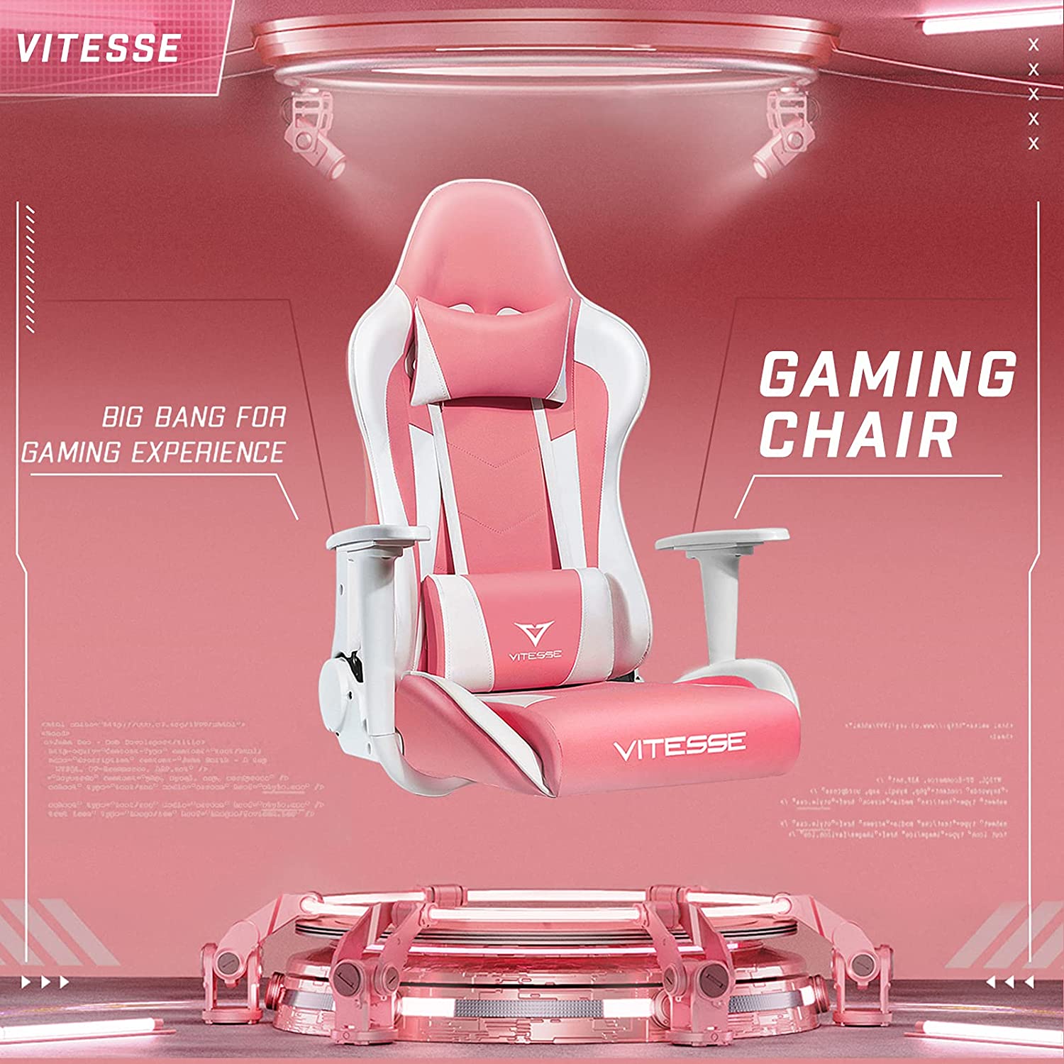 PUKAMI Pink Gaming Chair Cute Kawaii Gaming Chair for Girl Ergonomic Office Desk Chair Racing Office Chair Adjustable High Back Chair Game Chair Swivel Leather Chair with Lumbar Support and Headrest