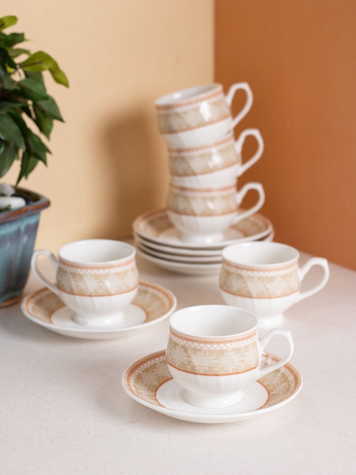 JCPL White & Red Ceramic Cup (0.18 L) - Set of 6
