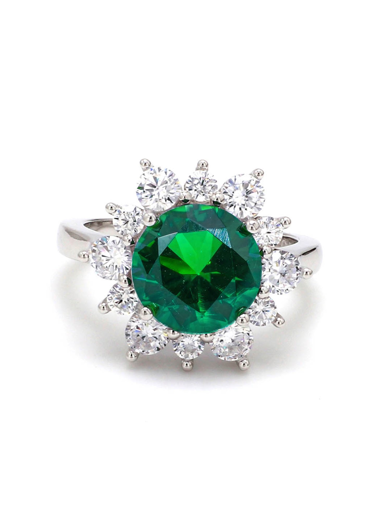 925 Silver Green Emerald and American Diamond Flower Halo Ring for Women & Girls