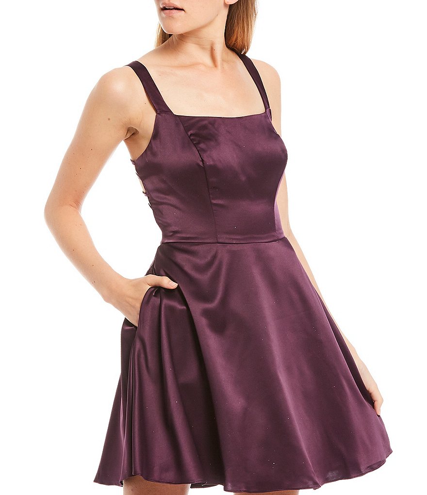 B. Darlin Double Strap Bar-Back Satin Fit-and-Flare Dress