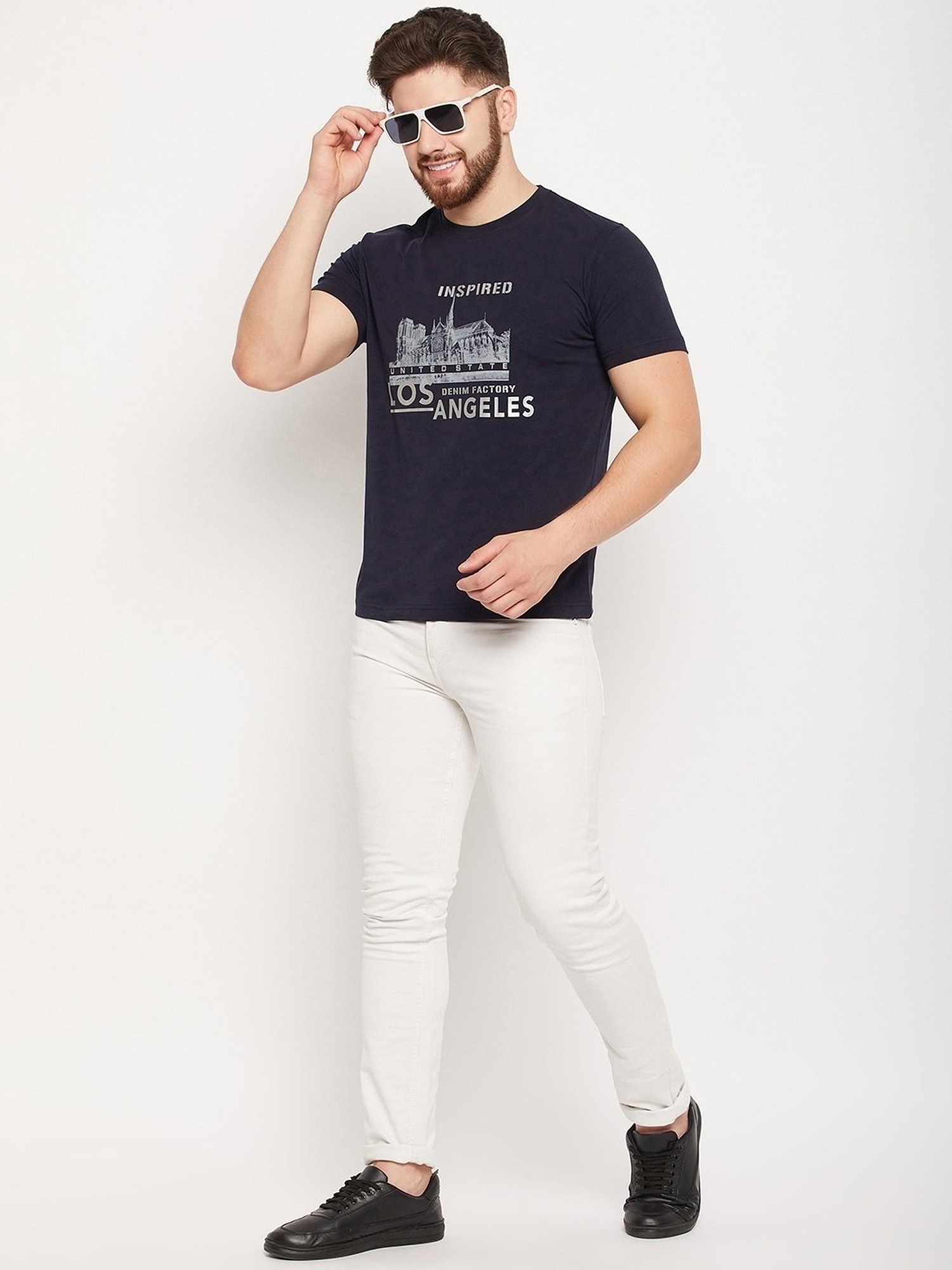 Cantabil Navy Cotton Regular Fit Printed T-Shirt