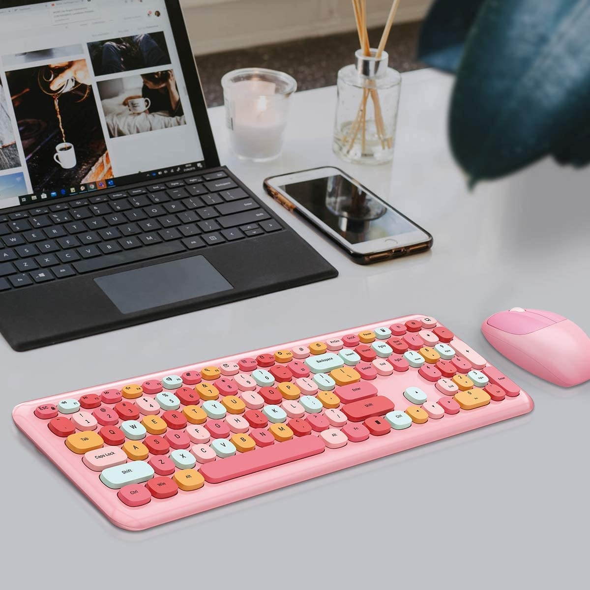 Wireless Keyboard and Mouse Combo, Slim Compact 2.4G USB Full Size Wireless Mouse and Keyboard Combo, Cute 110 Keys Keyboard for PC, MacBook, Tablet, Laptop, Windows System(Pink Colorful)