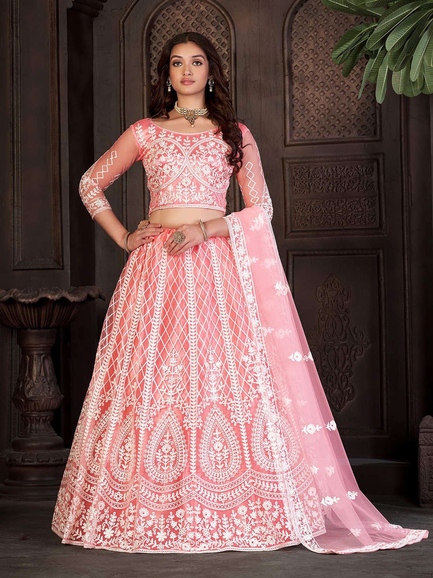 Warthy Ent Peach Embroidered Lehenga Choli Set With Dupatta