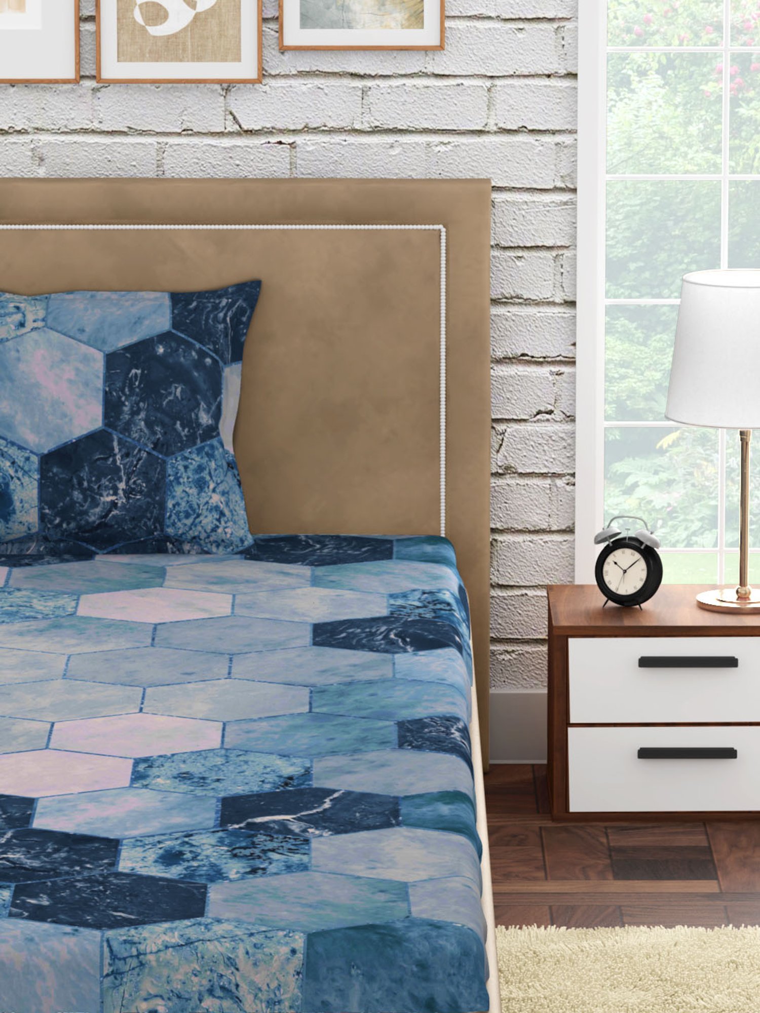 Petal Home Hexagon Geometric Blue 300 TC Cotton Single Bed Sheet with 1 Pillow Cover