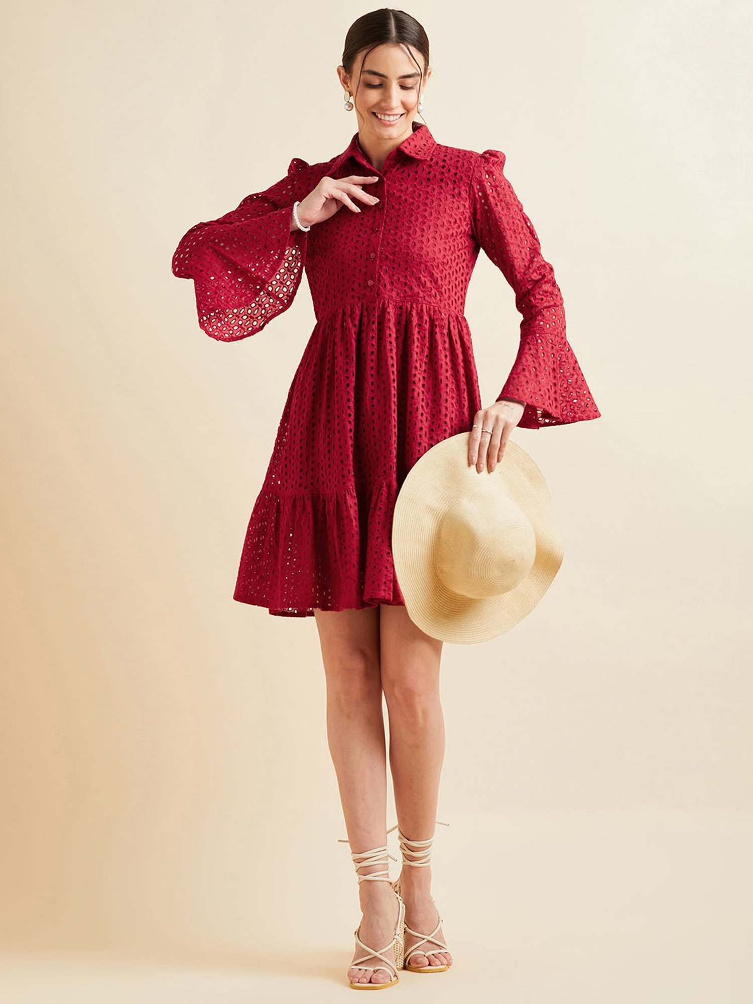 PANIT Maroon Cotton Embroidered Ethnic Dress