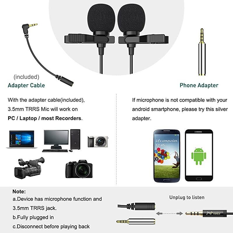 Premium 16 Feet Dual-head Lavalier Microphone, Professional Lapel Clip-on Omnidirectional Condenser Mic for Apple iPhone,Android,PC,Recording Youtube,Interview,Video Conference,Podcast