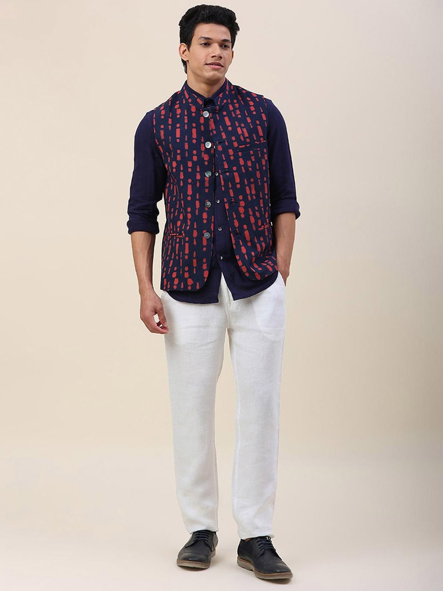 Fabindia Navy & Red Cotton Slim Fit Printed Nehru Jacket