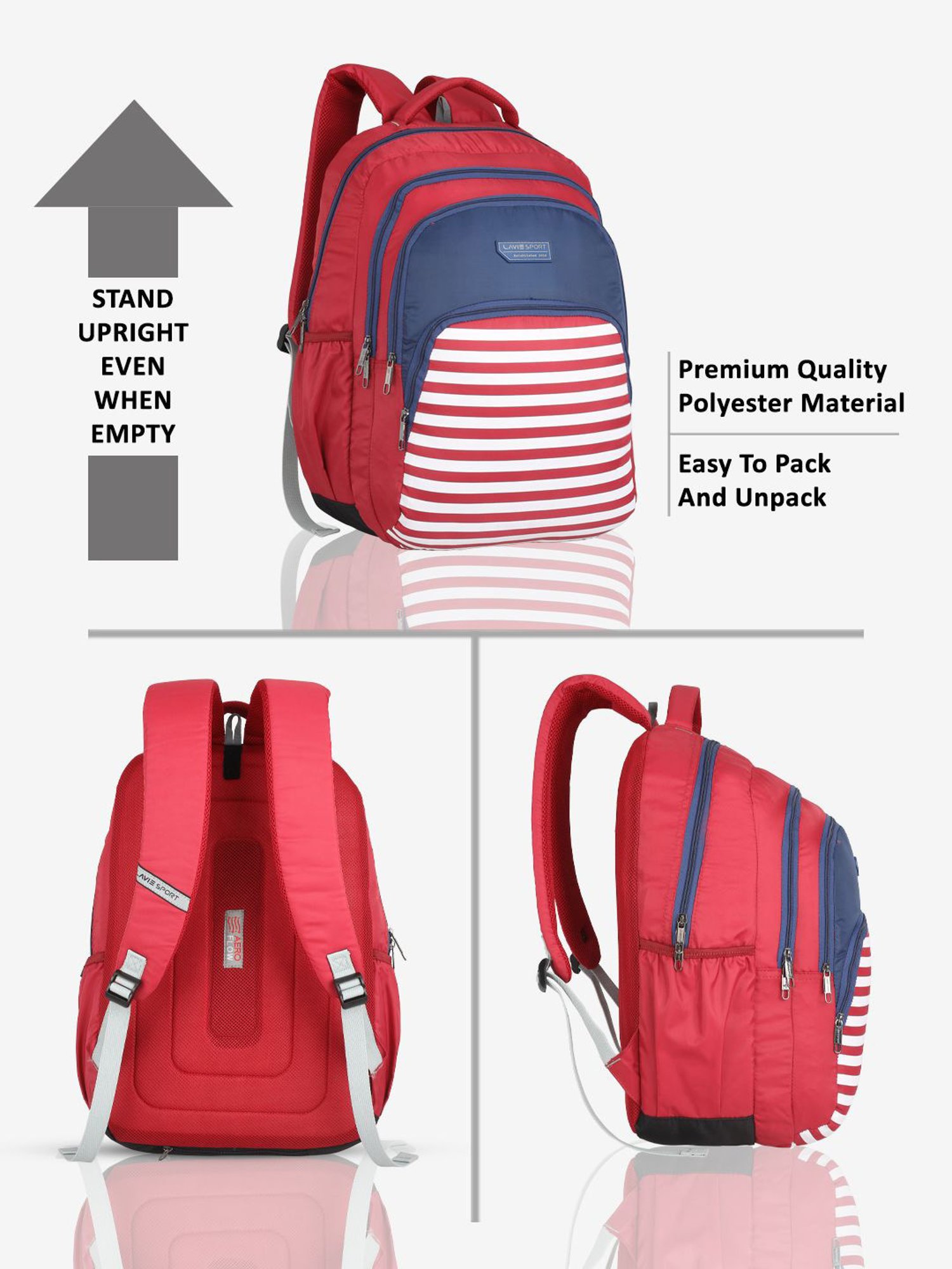 Lavie Sport Nautical 39L Printed School Unisex Backpack with Rain cover for Boys/Girls (Red)