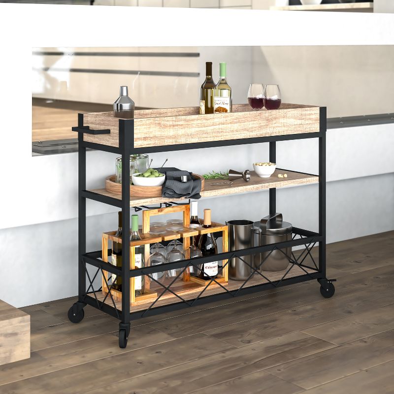 Flash Furniture Castleberry Rustic Wood Grain and Iron Kitchen Serving and Bar Cart