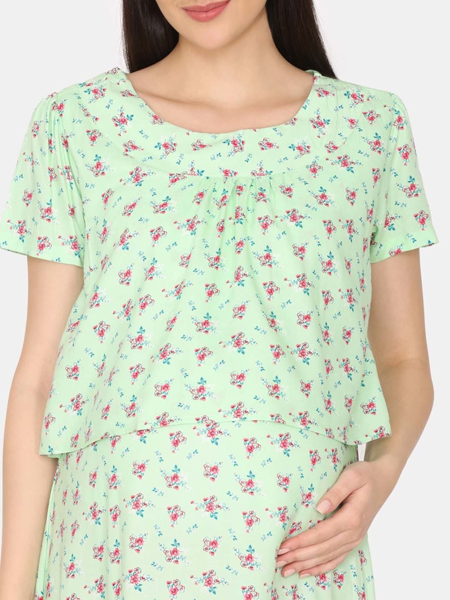 Coucou by Zivame Lime Green Printed Maternity Nighty