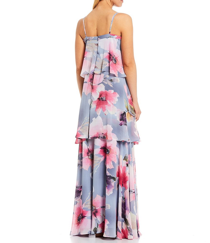 Aidan Aidan Mattox Floral Tiered Square Neck Chiffon Gown