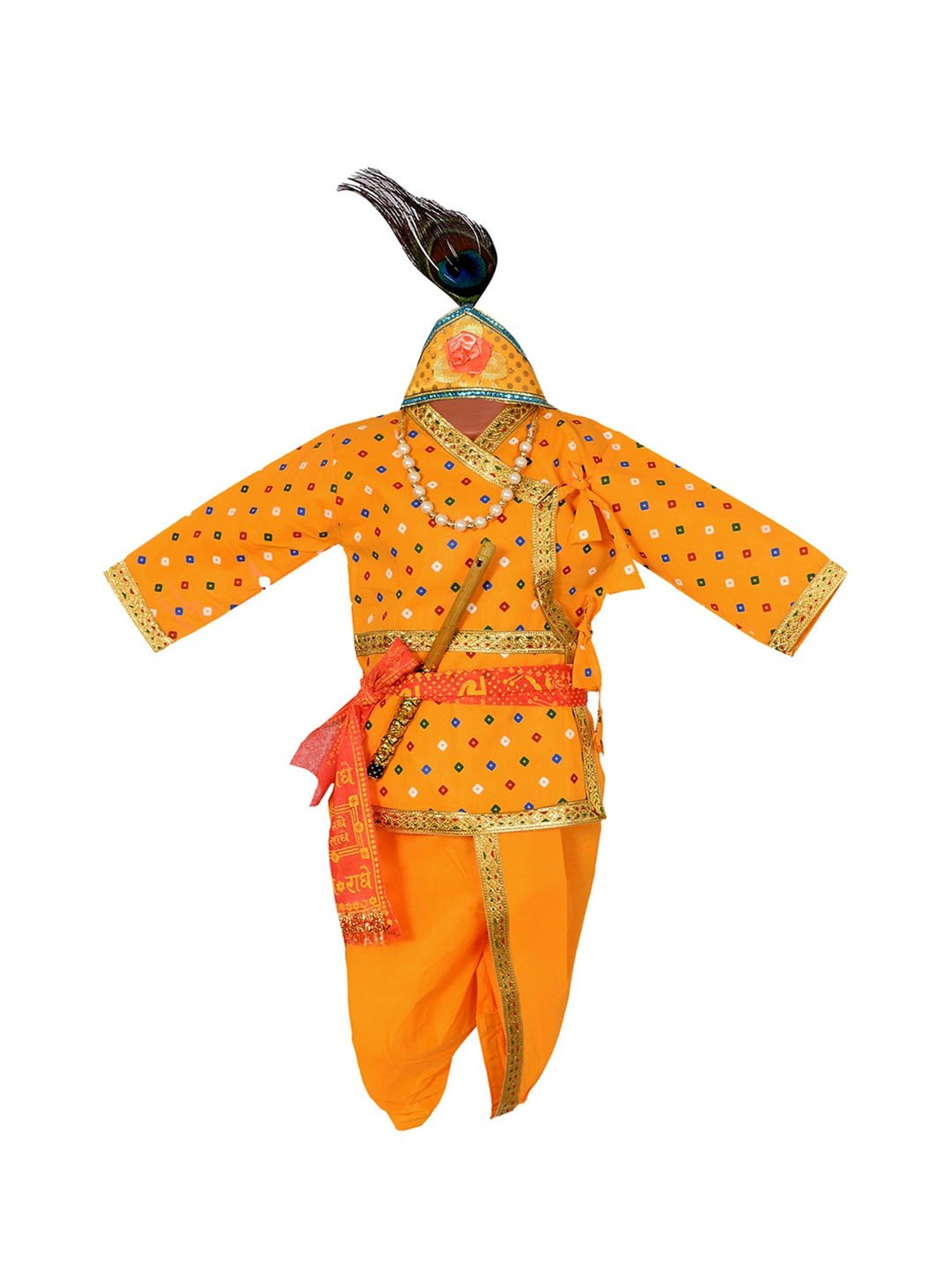 Ahhaaaa Kids Orange Embroidered Kurta, Dhoti, Pagri with Flute