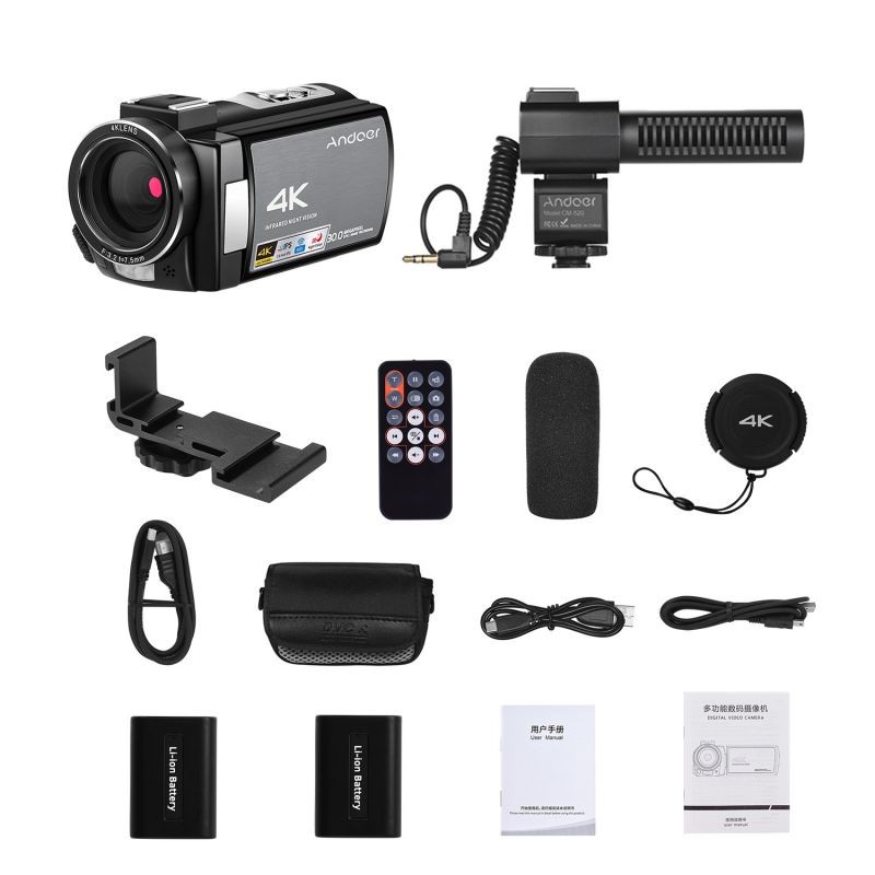 Andoer HDR-AE8 4K WiFi Digital Video Camera Camcorder DV Recorder 30MP 16X Digital Zoom IR Night Vision 3 Inch IPS LCD Touchscreen with 2pcs Rechargeable Batteries +   External Microphone + Cold Shoe