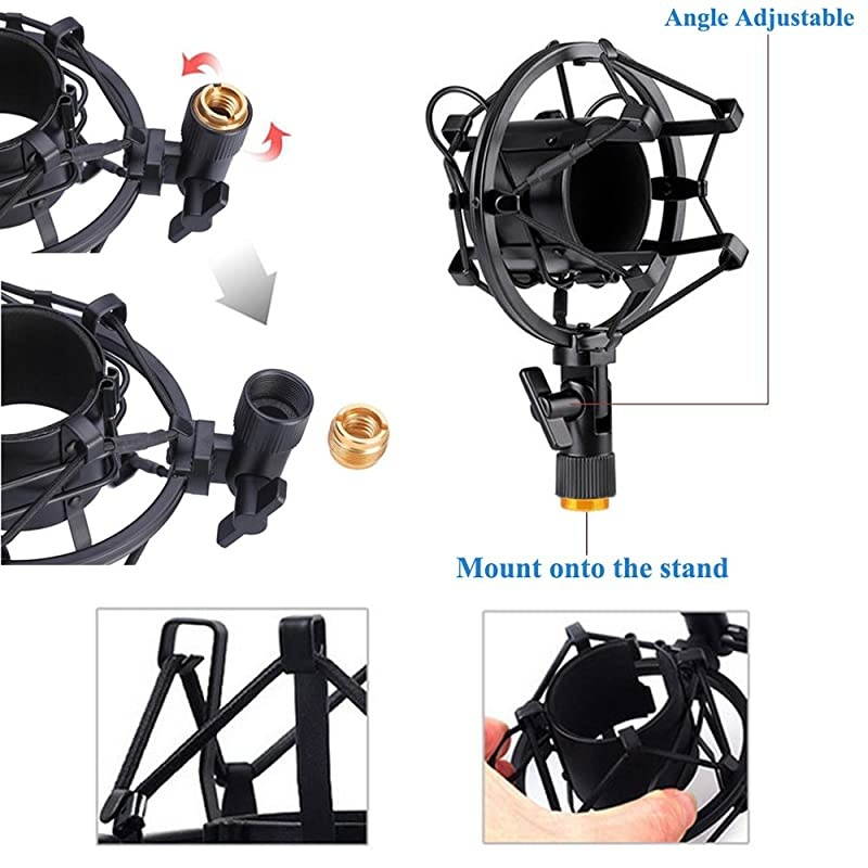 4247mm Microphone Shock Mount with Double Mesh Pop Filter Screw Adapter Adjustable Anti Vibration High Isolation Metal Mic Mount Holder Clip for Diameter of 4247mm Microphone