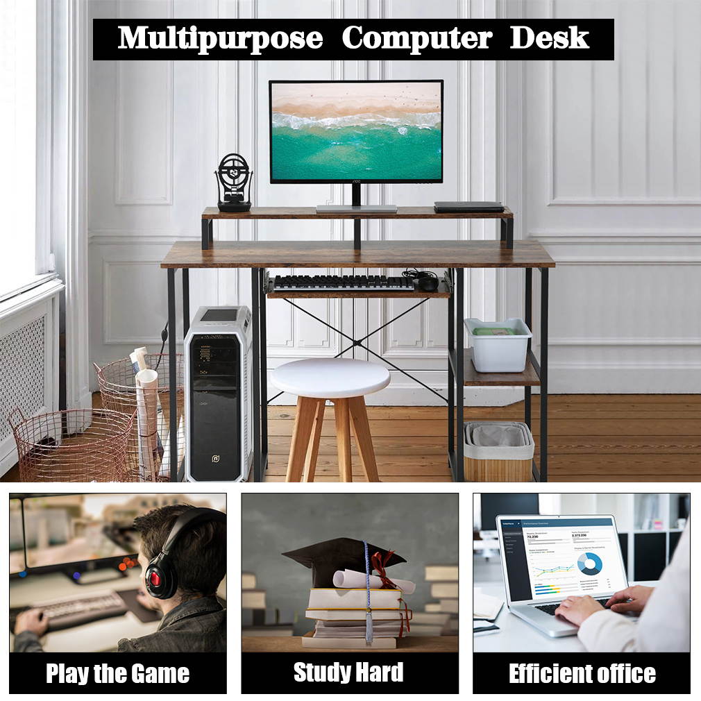 Computer Desk Home Office Desk 46 inches Gaming Writing Desk Student Girl Kids Study Desk Ergonomic Table Workstation with Monitor Stand Shelf/Bookshelves/CPU Stand