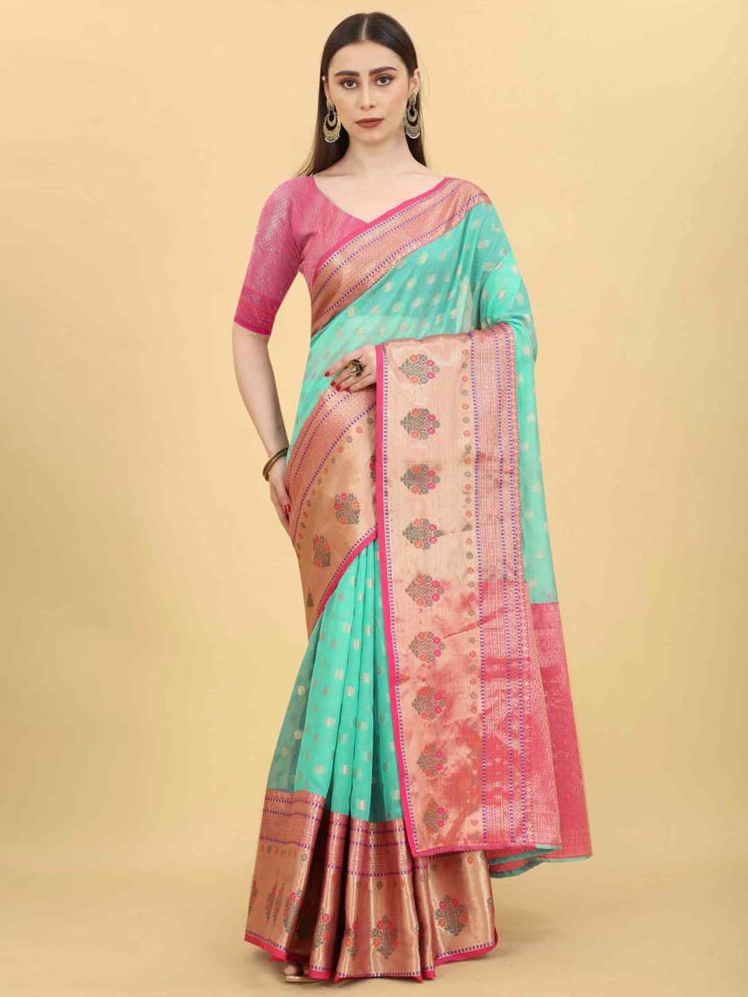 Silk Land Turquoise Silk Woven Saree With Unstitched Blouse