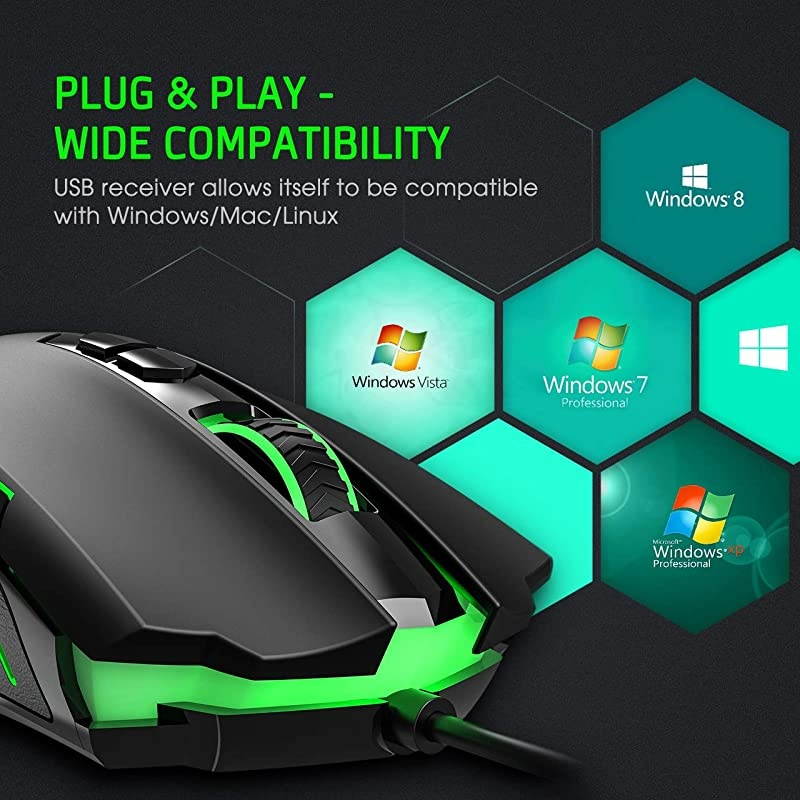 Gaming Mouse Wired 7200 DPI Programmable Breathing Light Ergonomic Game USB Computer Mice RGB Gamer Desktop Laptop PC Gaming Mouse 7 Buttons for Windows 7810XP Vista Linux Black