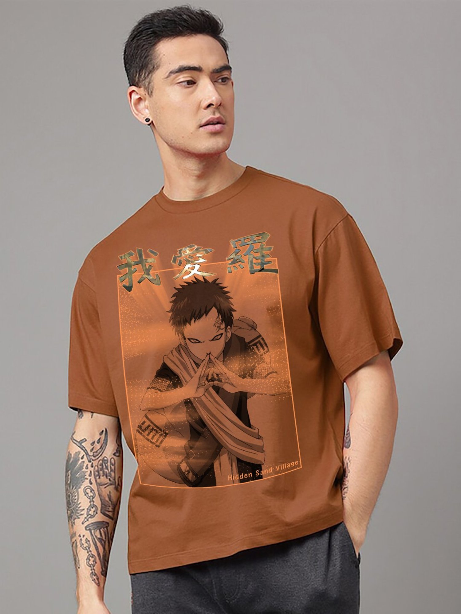 Free Authority Brown Loose Fit Naruto Printed Crew T-Shirt