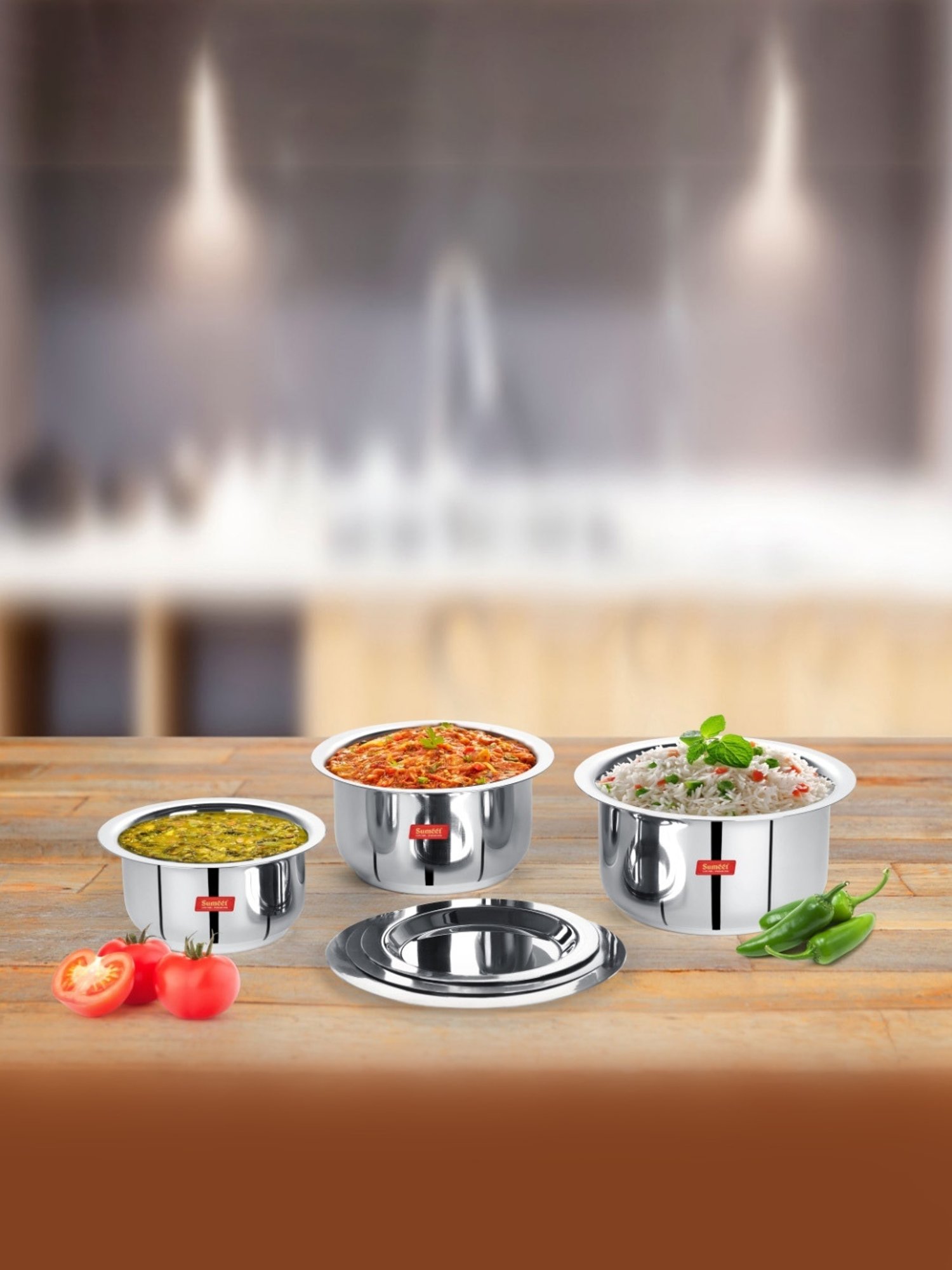 Sumeet S.S.Flat Bottom Induction&Gas Stove Friendly Tope Set of 3Pc with Lids(370ML,550ML,800ML)