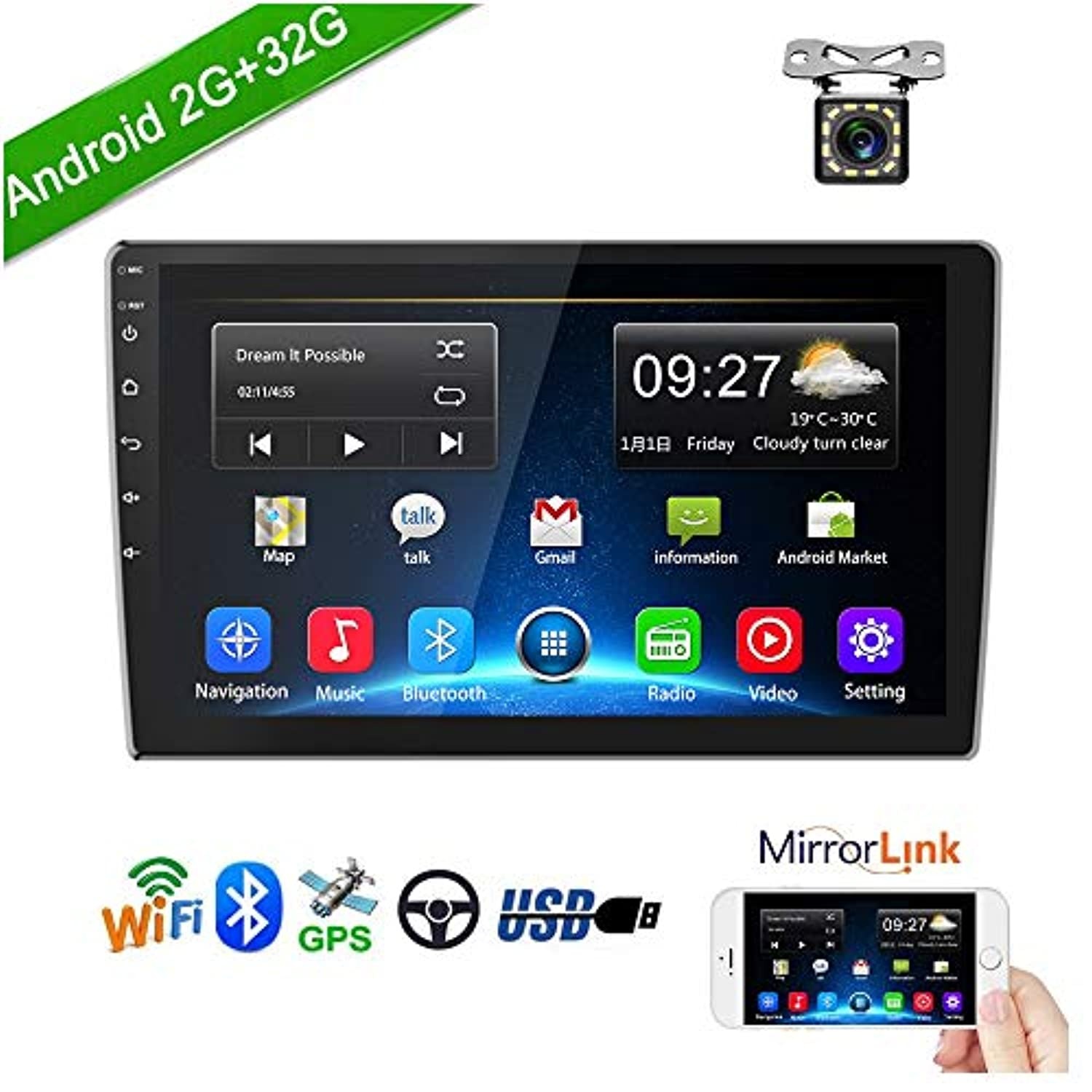 Podofo Double Din Car Stereo Car GPS Navigation Android Head Unit in Dash 2G RAM+32G ROM 9 Inch 2.5D Tempered Glass Support Bluetooth,WiFi,USB Mirror Link, FM Radio with Rear View Camera (US2638)