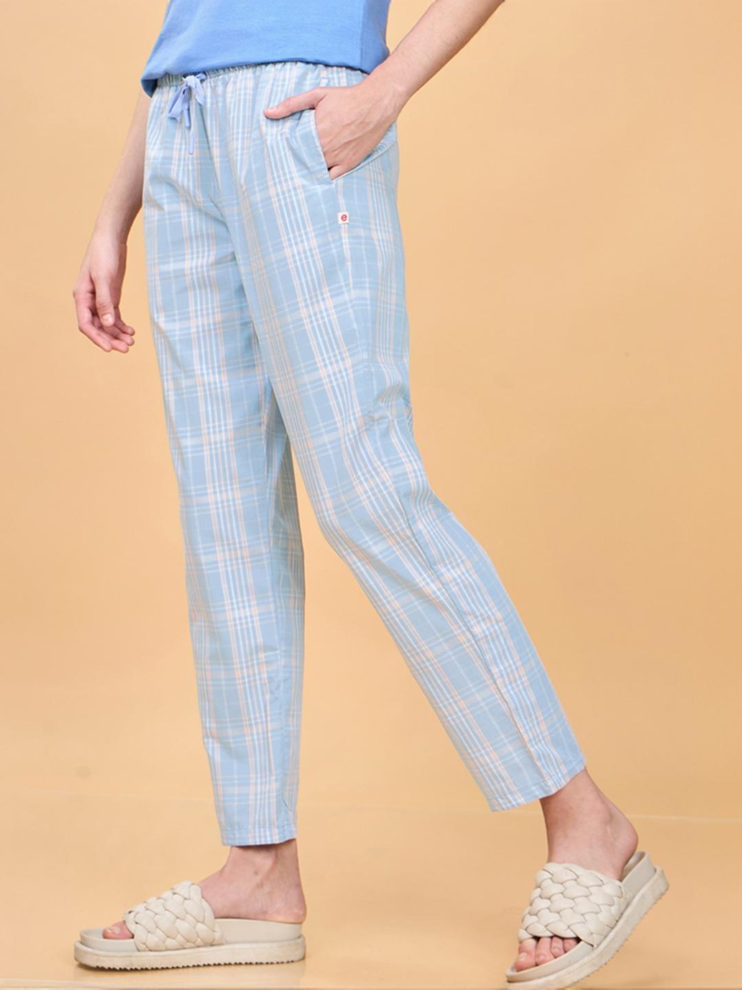 Enamor Brunnera Blue Cotton Chequered Lounge Track Pants