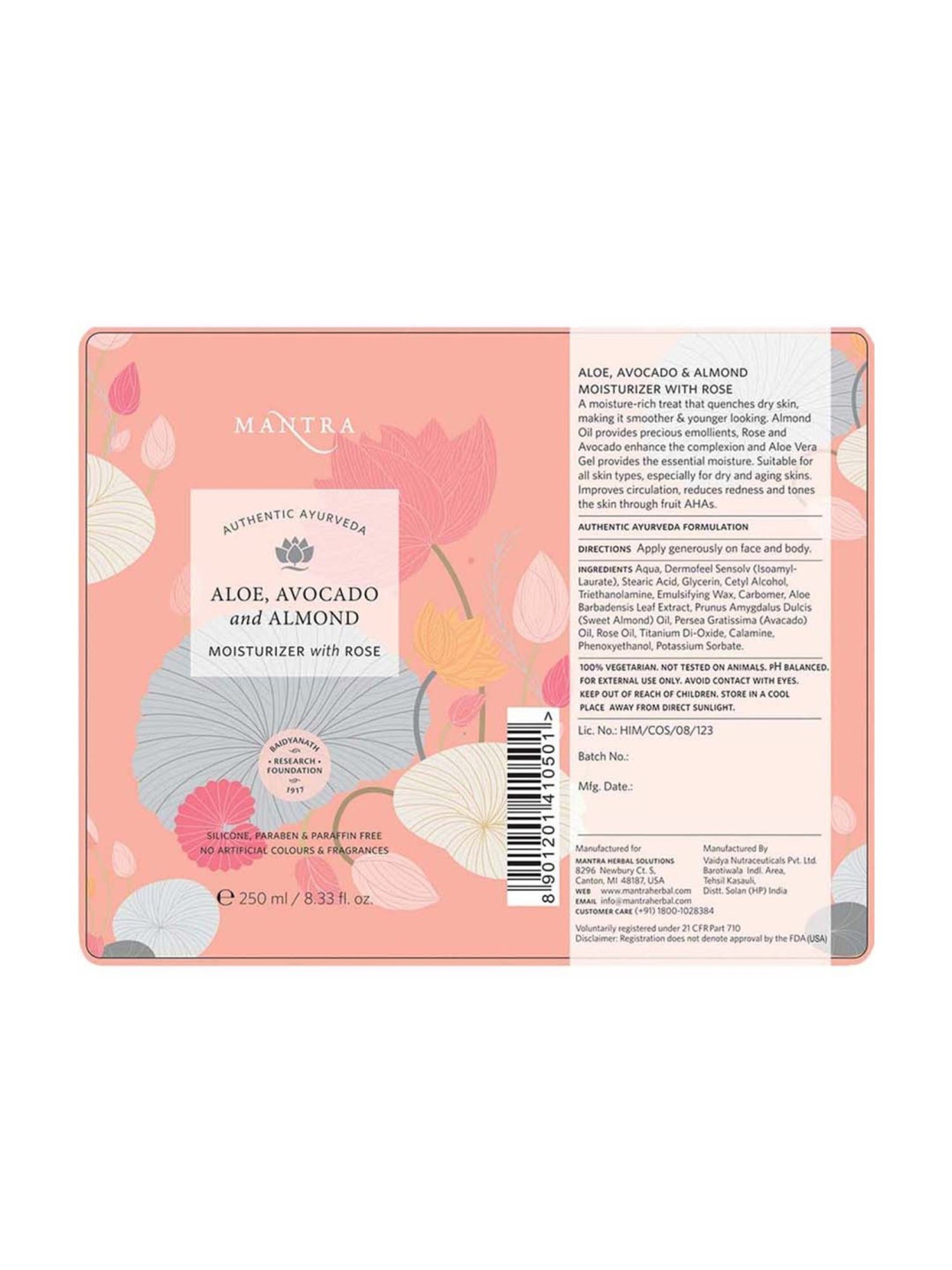 Mantra Herbal Aloe, Avocado and Almond Moisturiser with Rose - 250 ml