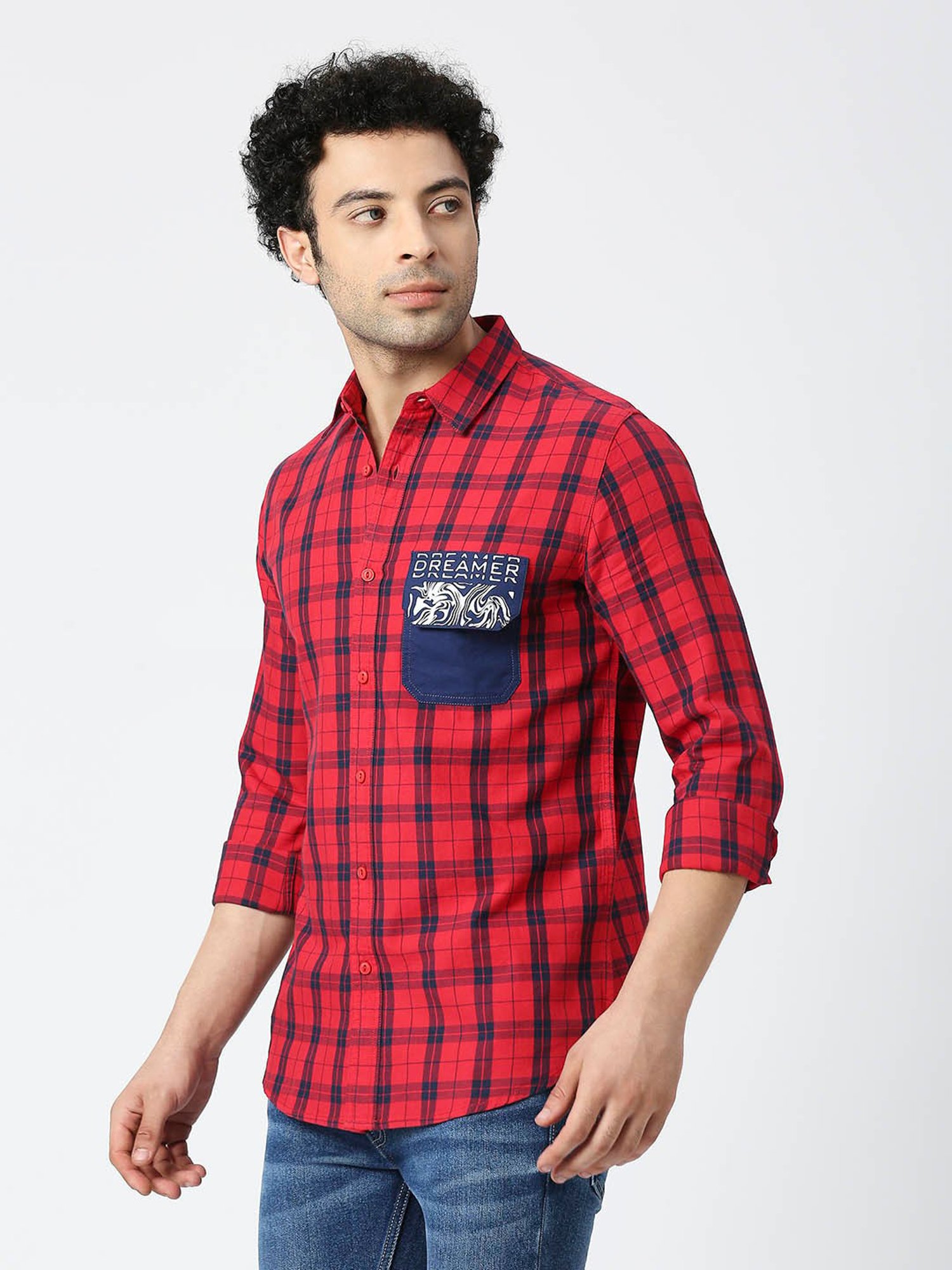 SOLEMIO Red & Navy Slim Fit Checks Shirt