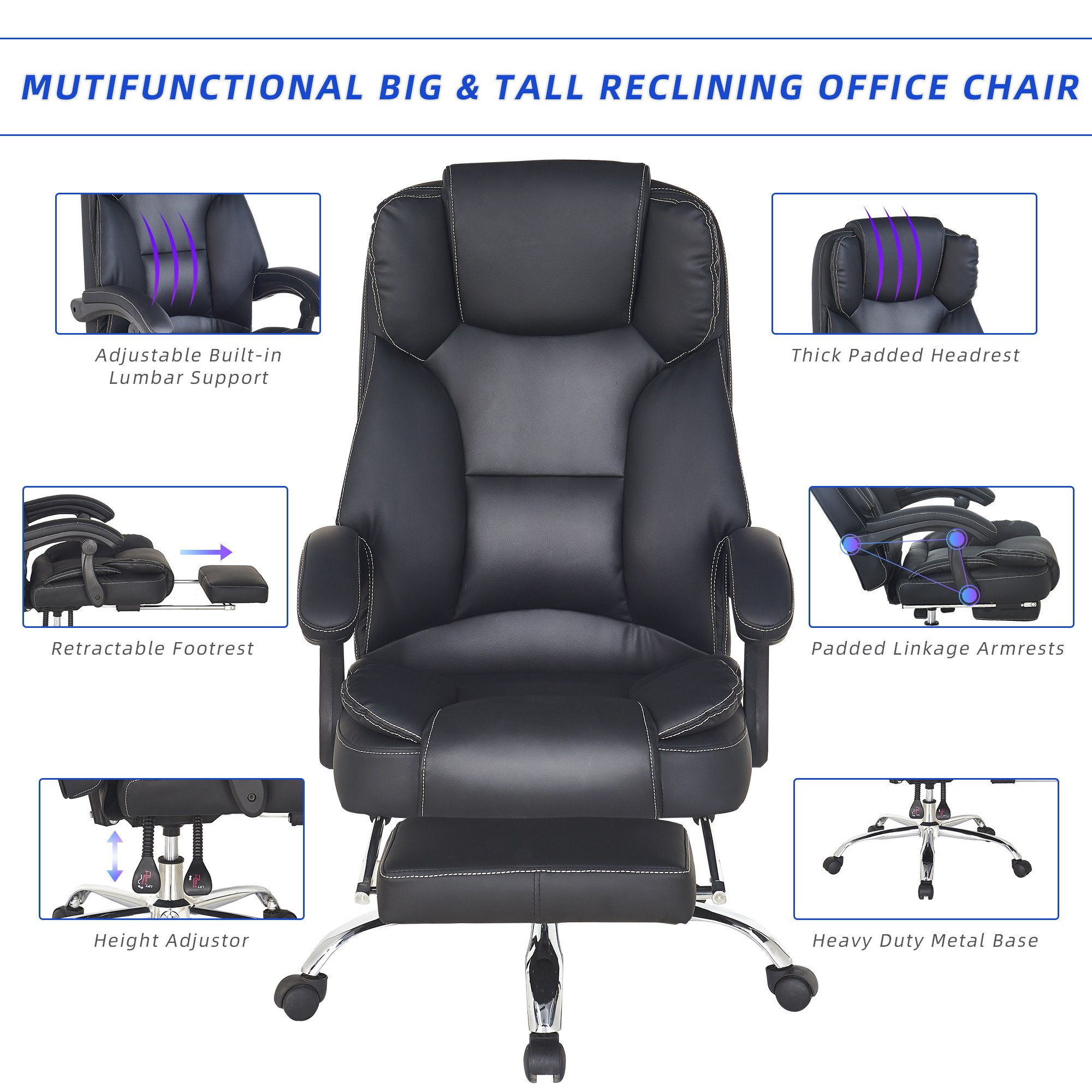 Reclining Office Chair - High Back Executive Computer Desk Chair with Lumbar Support, Angle Recline Locking System and Footrest, Thick Padding for Comfort