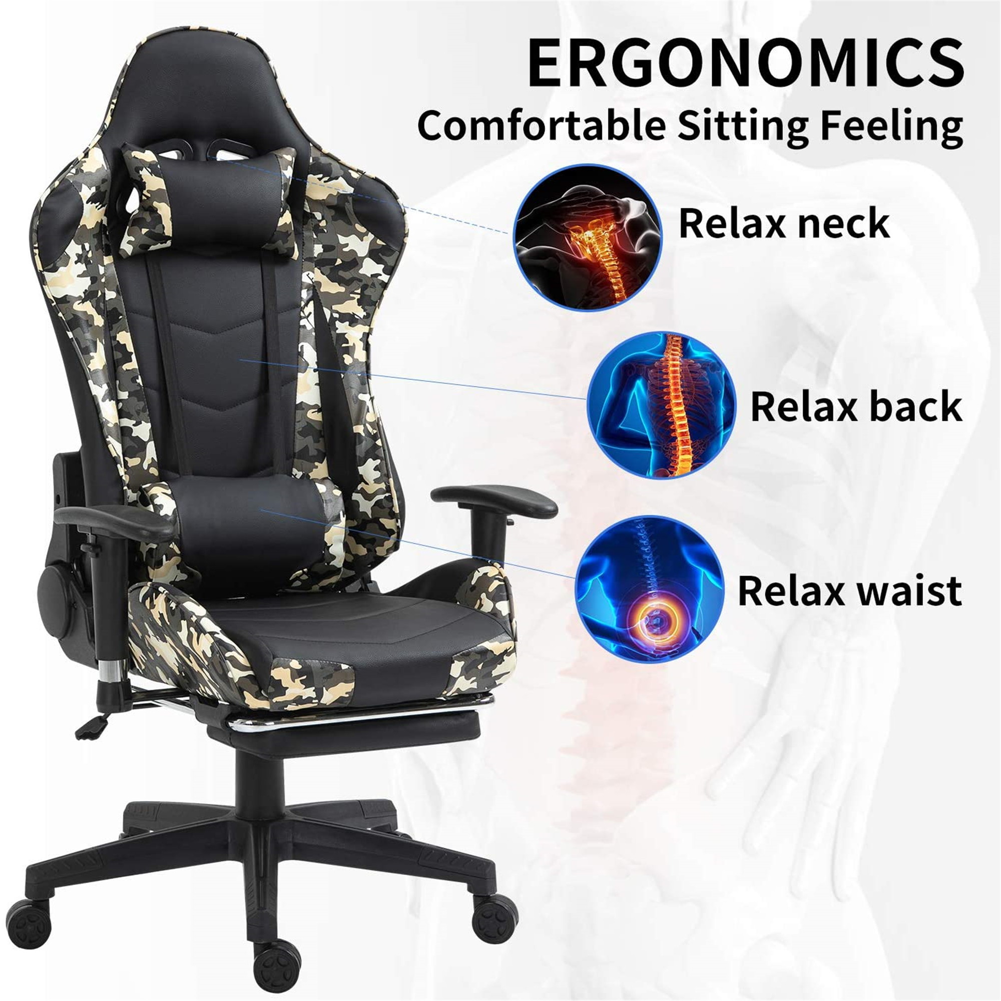 Ergonomic Gaming Chair Racing Chair E-Sports Chair Home Office Chair Computer Game Chair with PU Leather,3D Adjustable Arm,Memory Foam,Lumbar Support,Headrest and Footrest